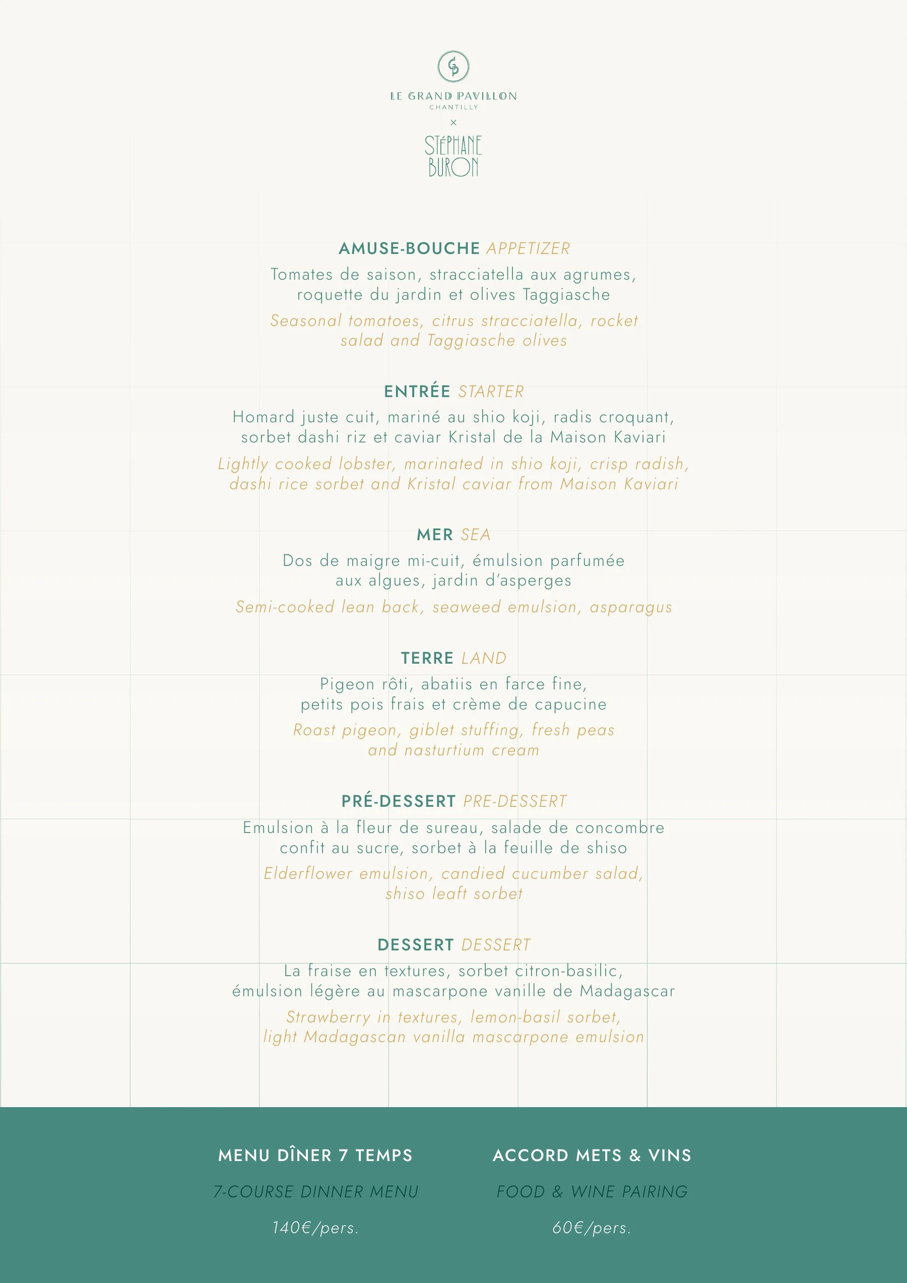 Version claire du menu bilingue du dîner à quatre mains avec bandeau vert d’eau