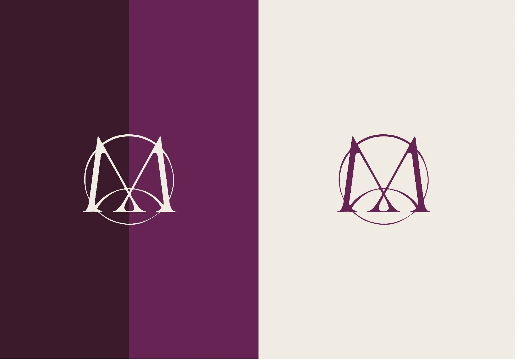 Variations du monogramme Meubles Tabary en blanc et bordeaux sur fonds colorés