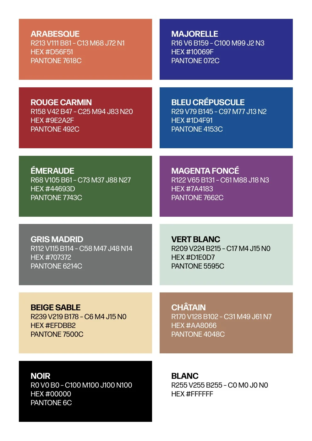 Nuancier My Little Marrakech réunissant terracotta, bleu, vert, beige, violet, gris, noir et blanc