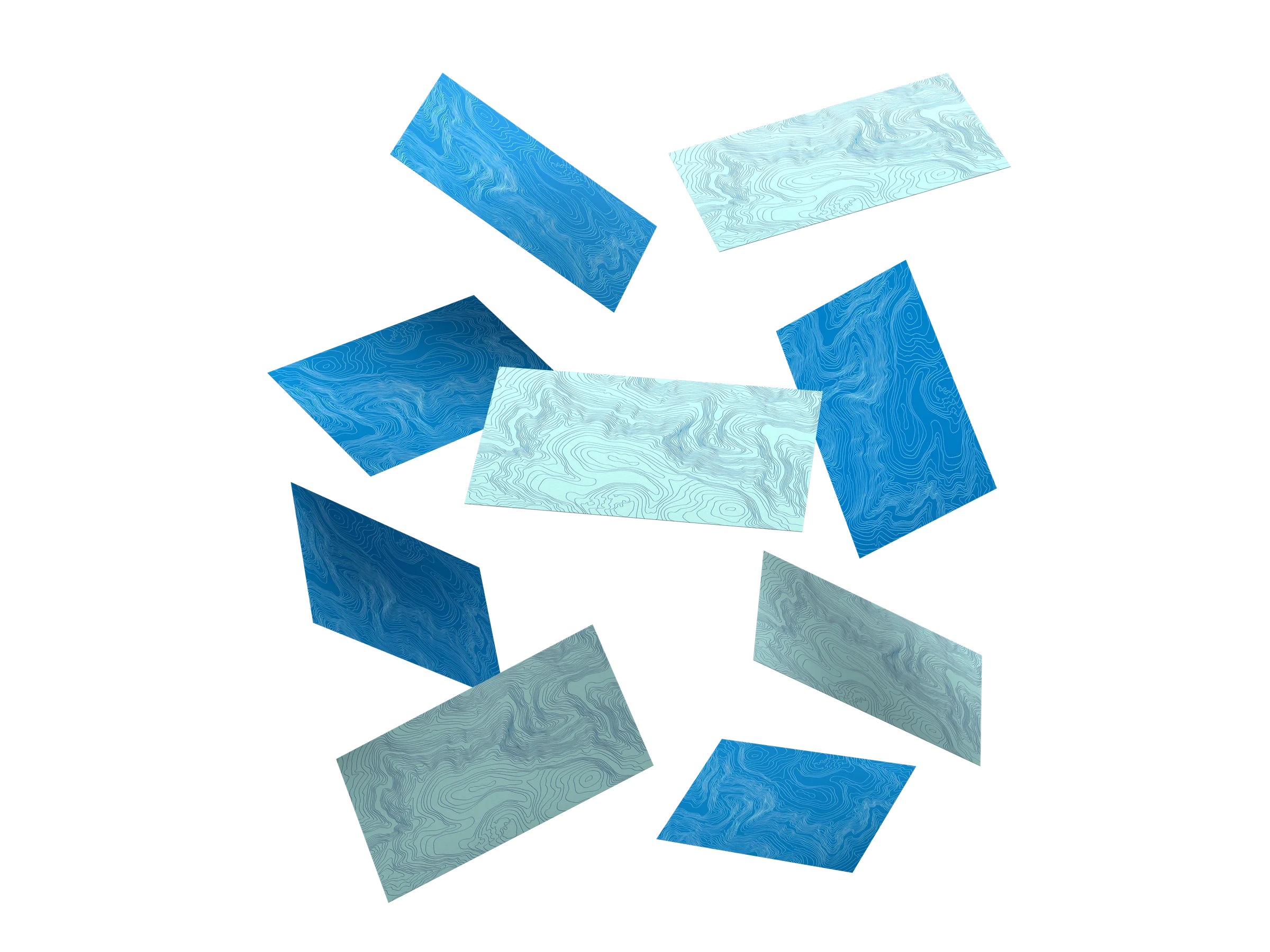 Cartes de présentation Un Air de Vacances bleues et claires, couvertes du motif topographique et mises en scène en suspension