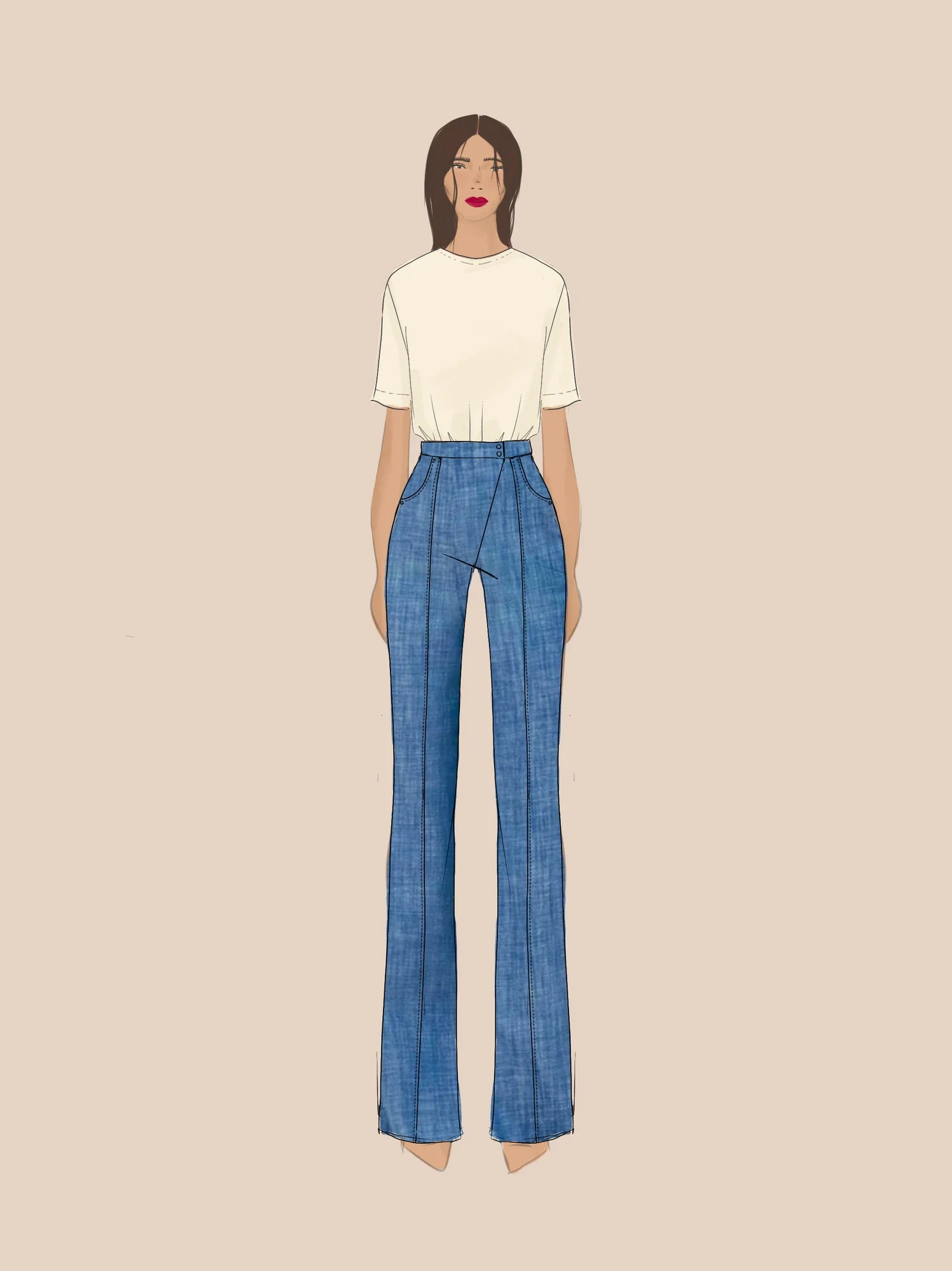 Dessin de recherche Kinstore, tee-shirt clair et jean bleu taille haute à jambe évasée
