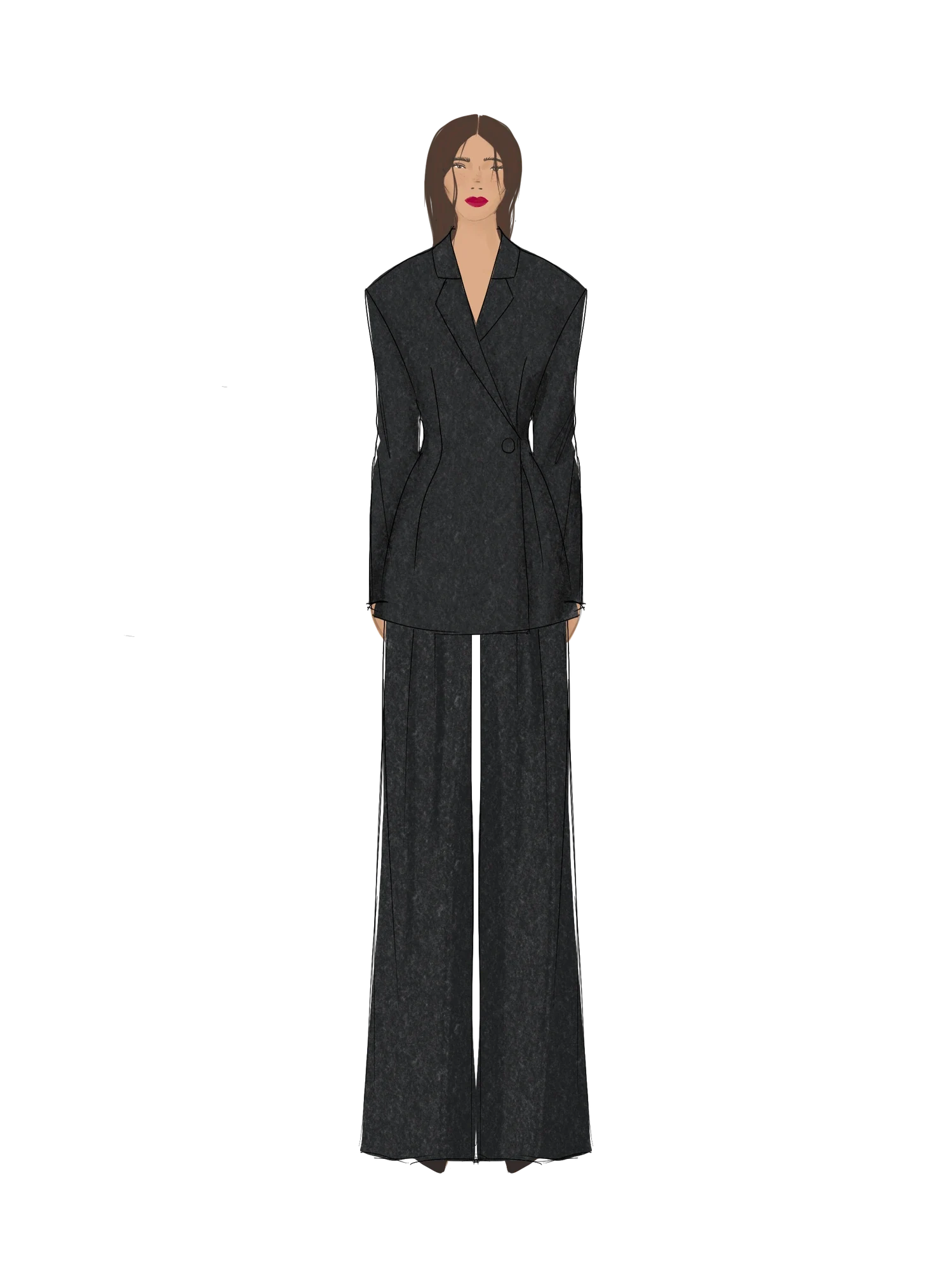 Dessin de collection LOZE représentant un tailleur noir ceinturé avec veste structurée et pantalon large