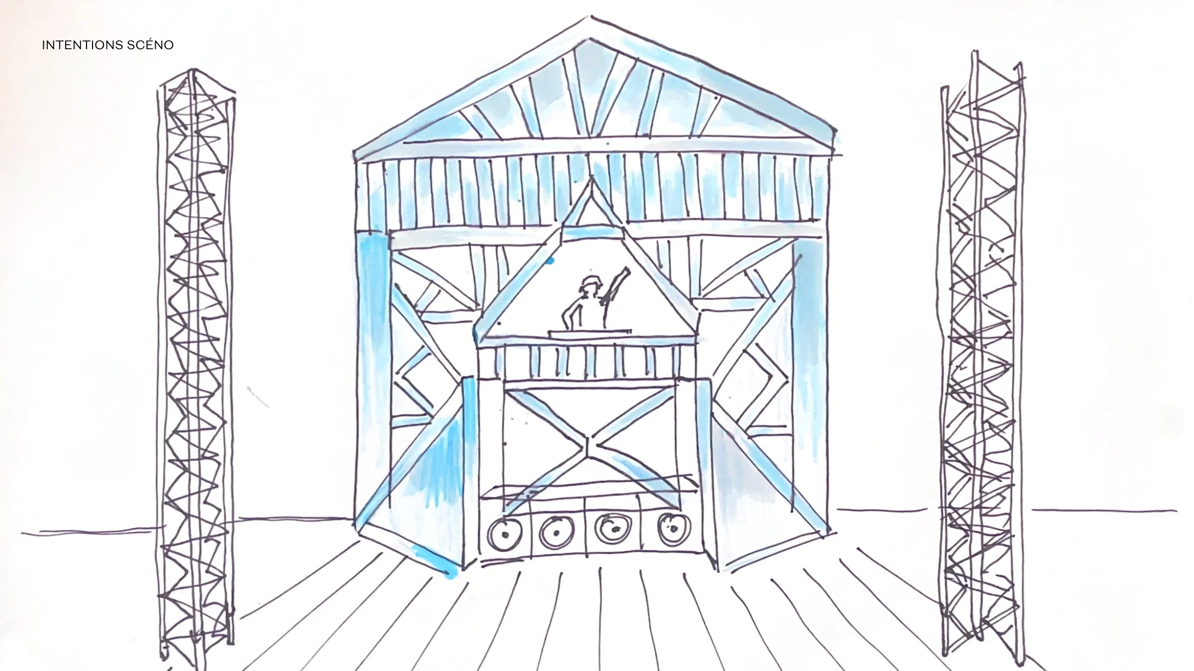 Croquis d’une scène de festival structurée comme une façade à colombages, avec cabine DJ et portiques