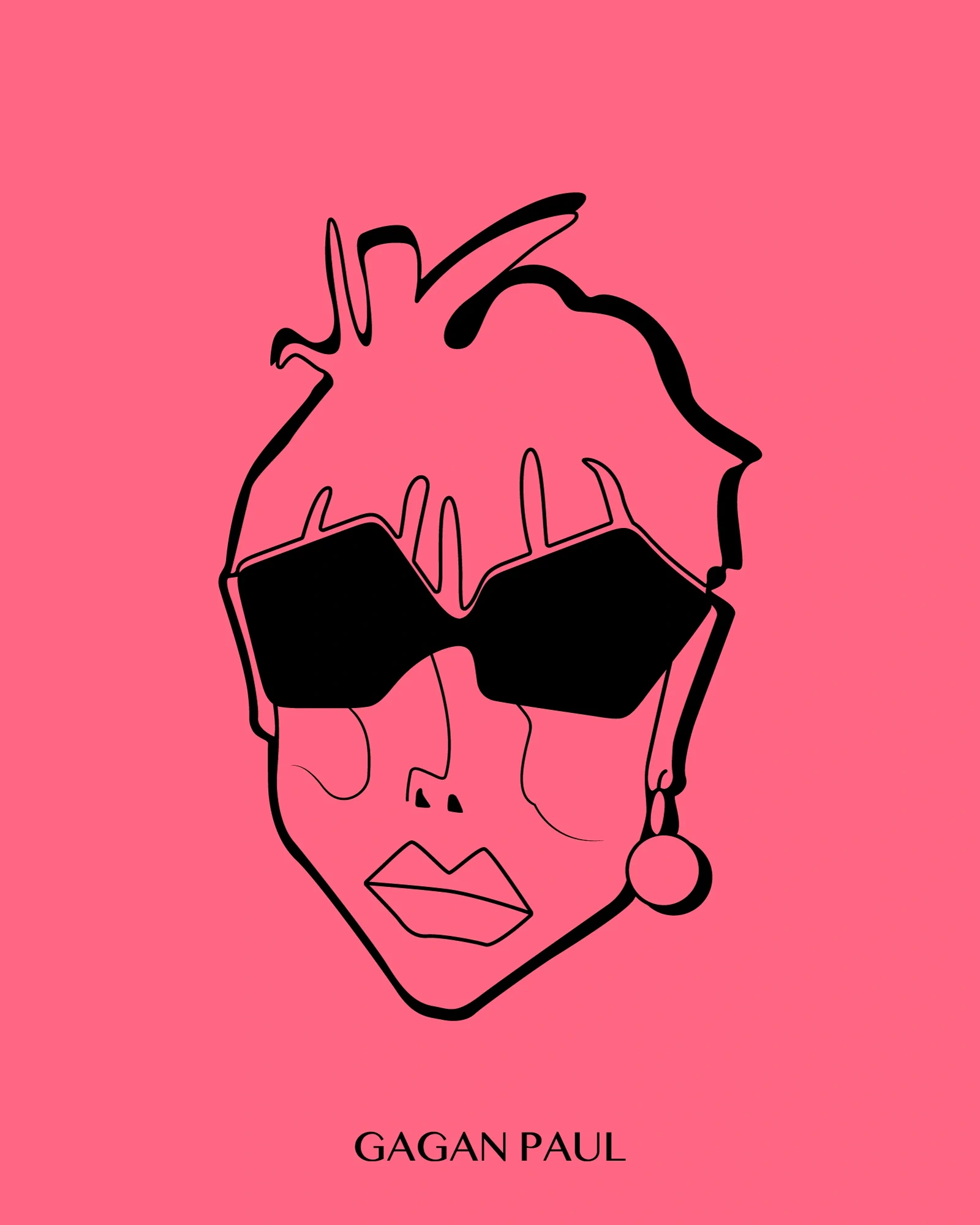 Recherche Gagan Paul de visage dessiné au trait noir, avec lunettes et boucle d’oreille, sur une affiche rose