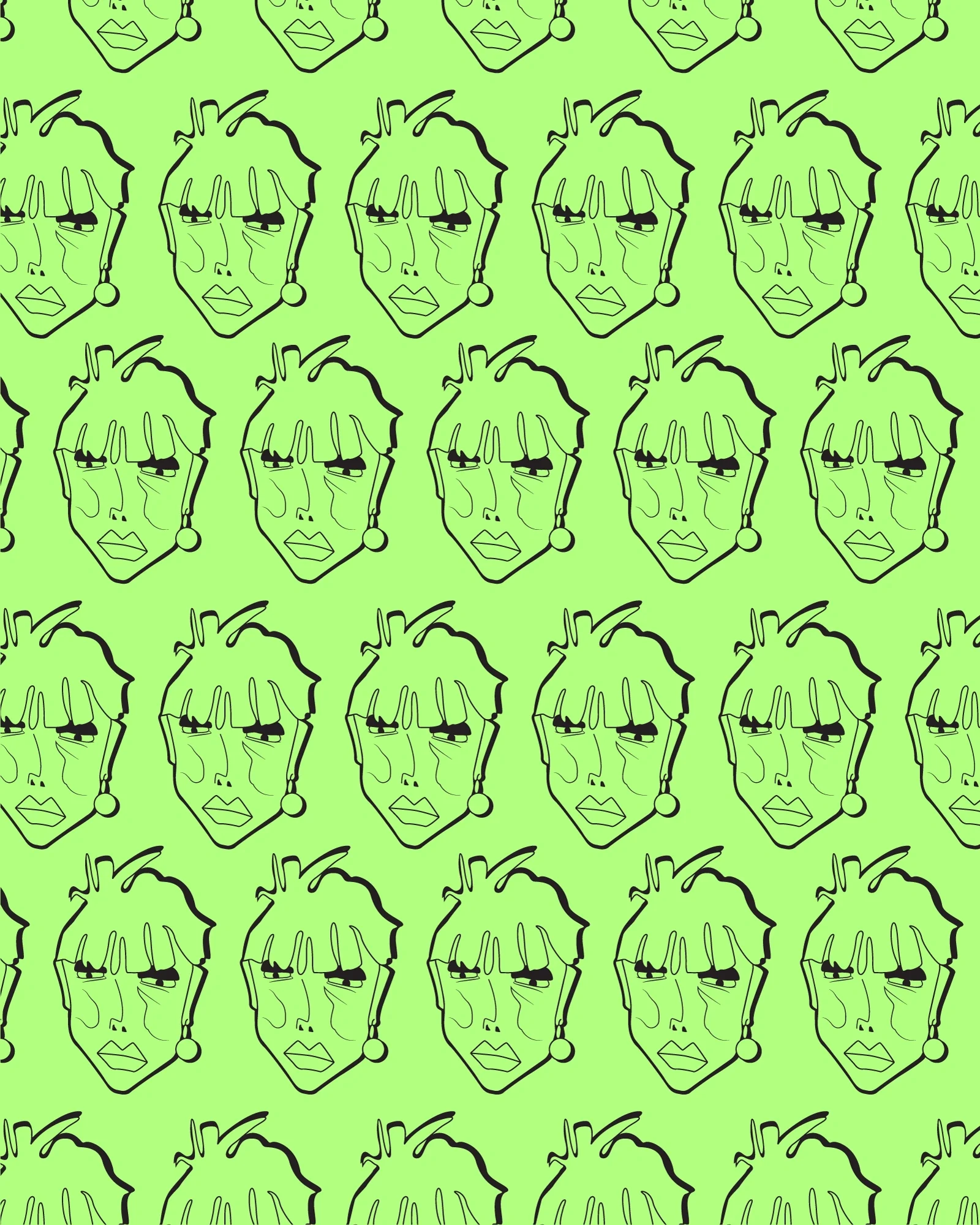Recherche de motif Gagan Paul répétant un visage au trait noir sur fond vert acide