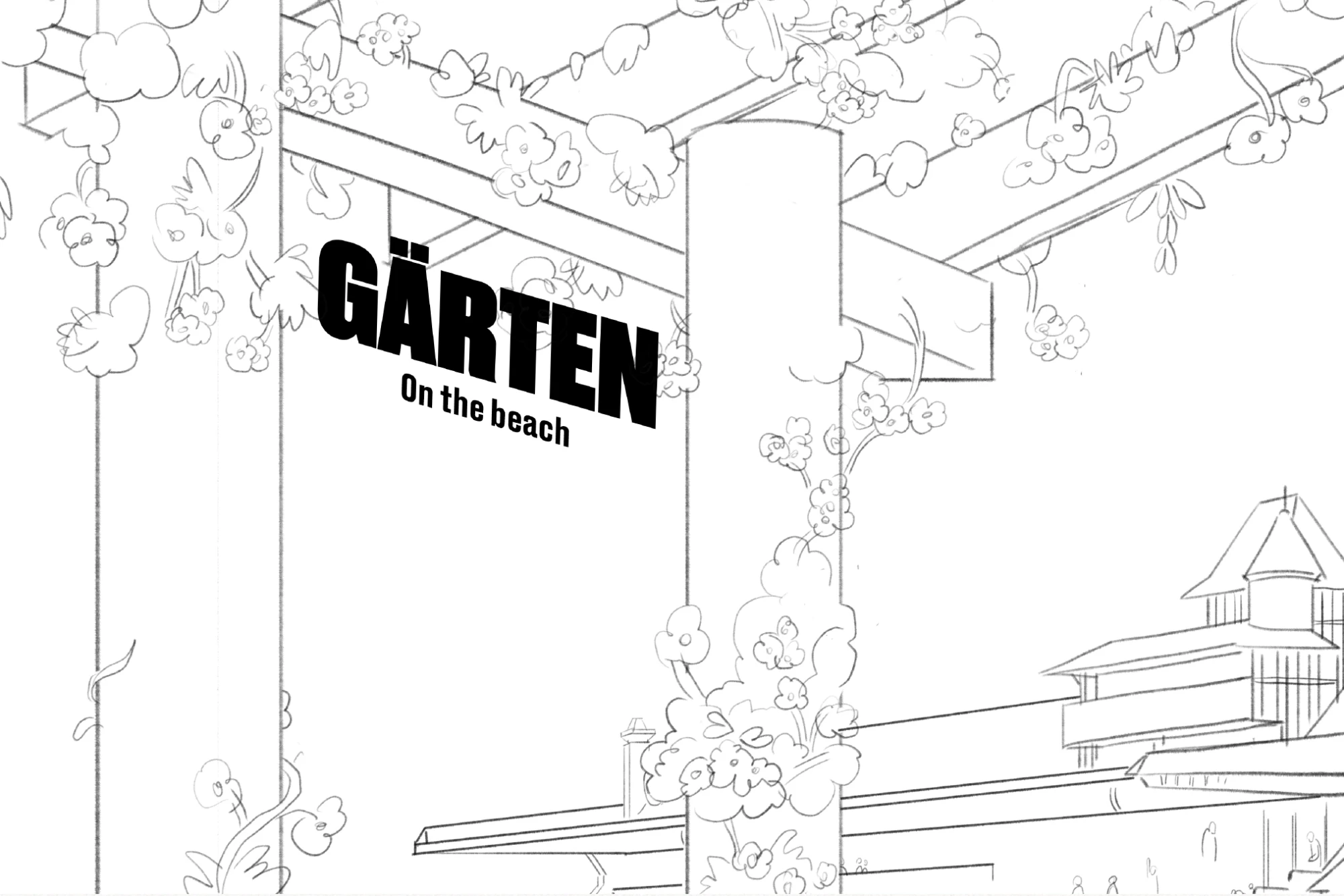 Croquis d’une arche fleurie portant une proposition de logotype Garten devant l’hippodrome