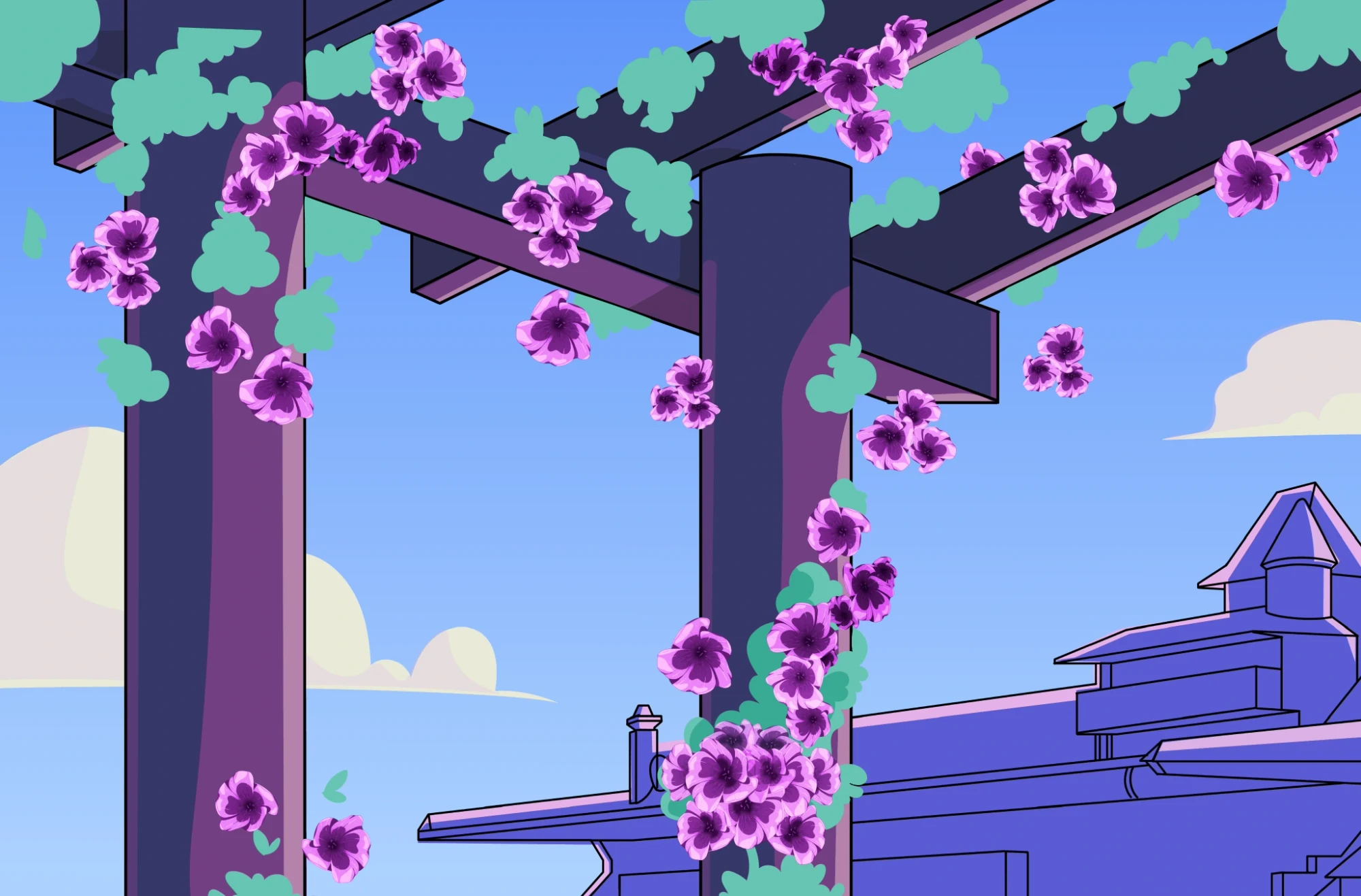Projection illustrée de l’arche avec fleurs violettes, feuillage vert et architecture bleue