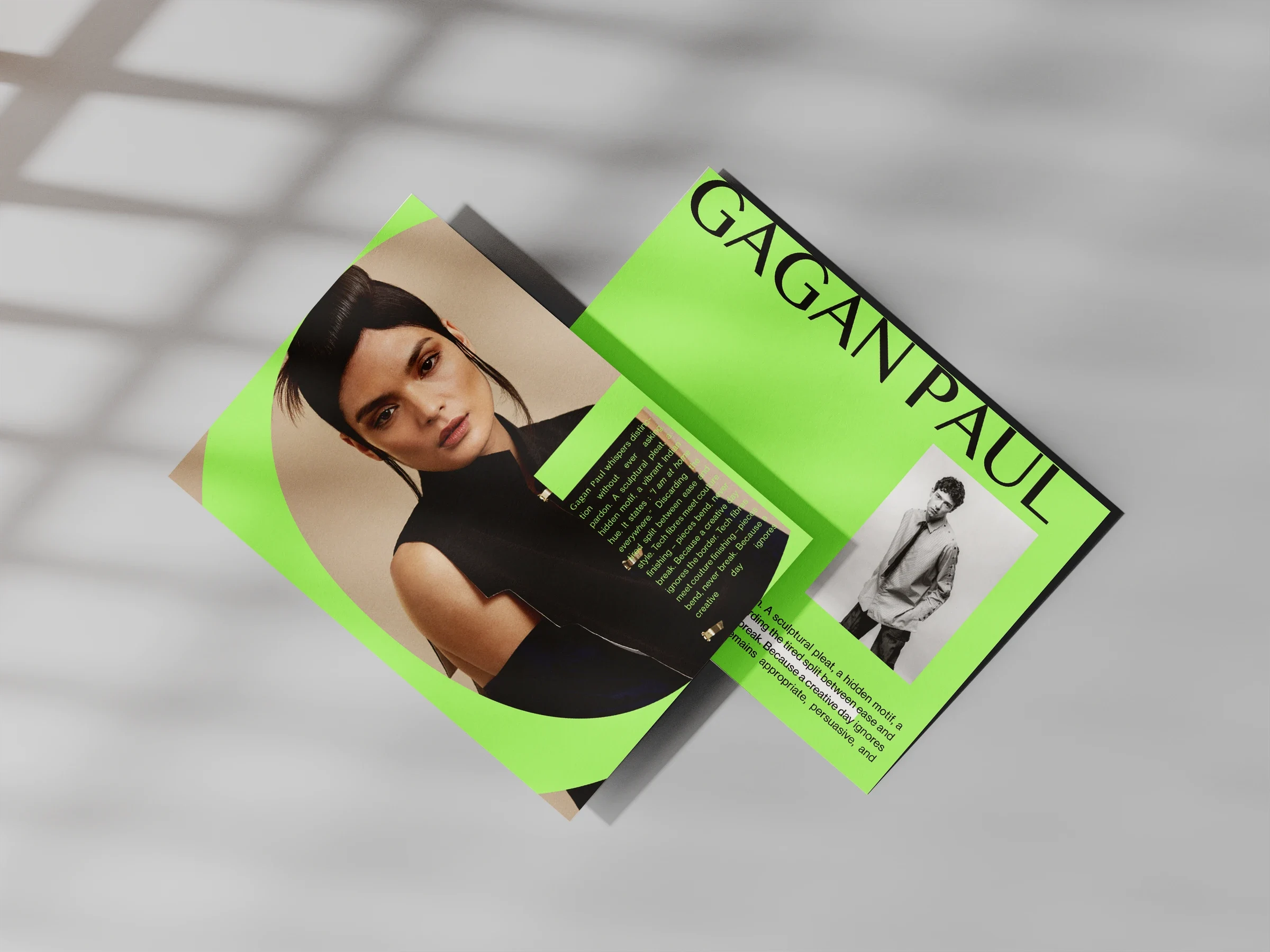 Proposition de dépliant Gagan Paul mêlant portraits, manifeste et grands aplats vert acide sur deux feuilles mises en perspective