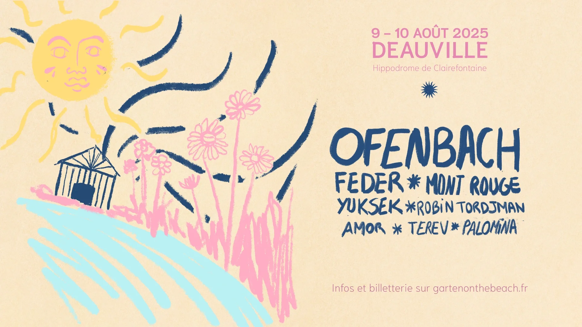 Autre composition dessinée réunissant soleil, fleurs et façade de l’hippodrome avec la programmation