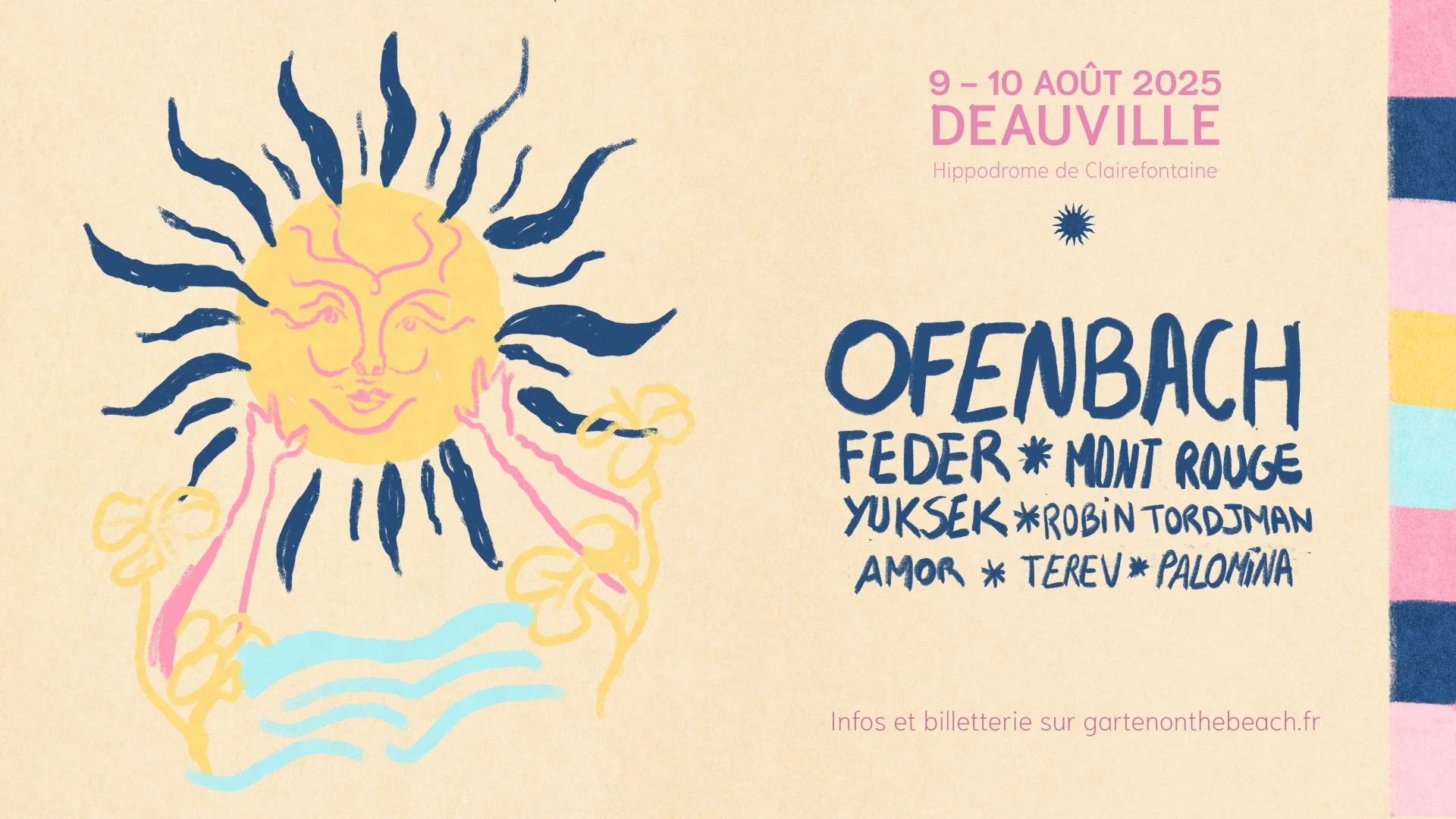 Recherche dessinée avec visage solaire jaune, rayons bleus et mains roses, accompagnée de la programmation