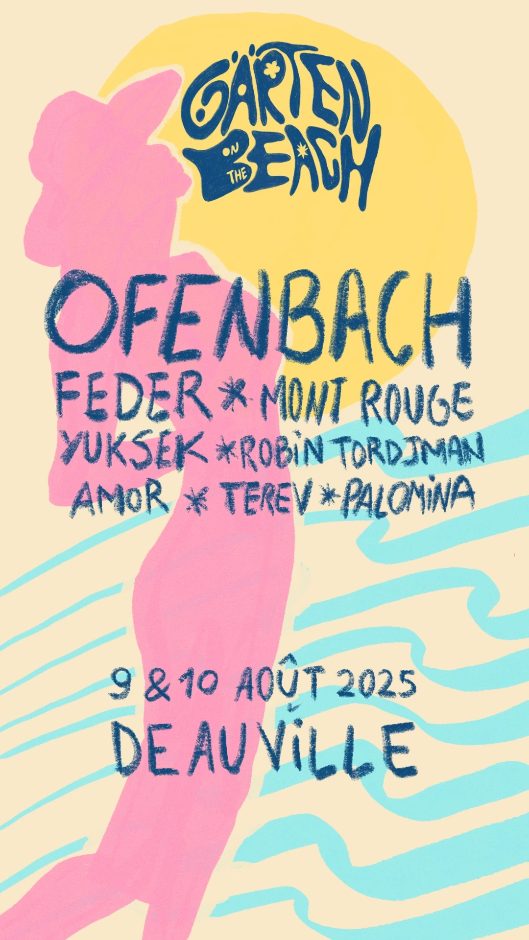 Recherche d’affiche Garten avec silhouette rose, soleil jaune, vagues turquoise et programmation dessinée en bleu