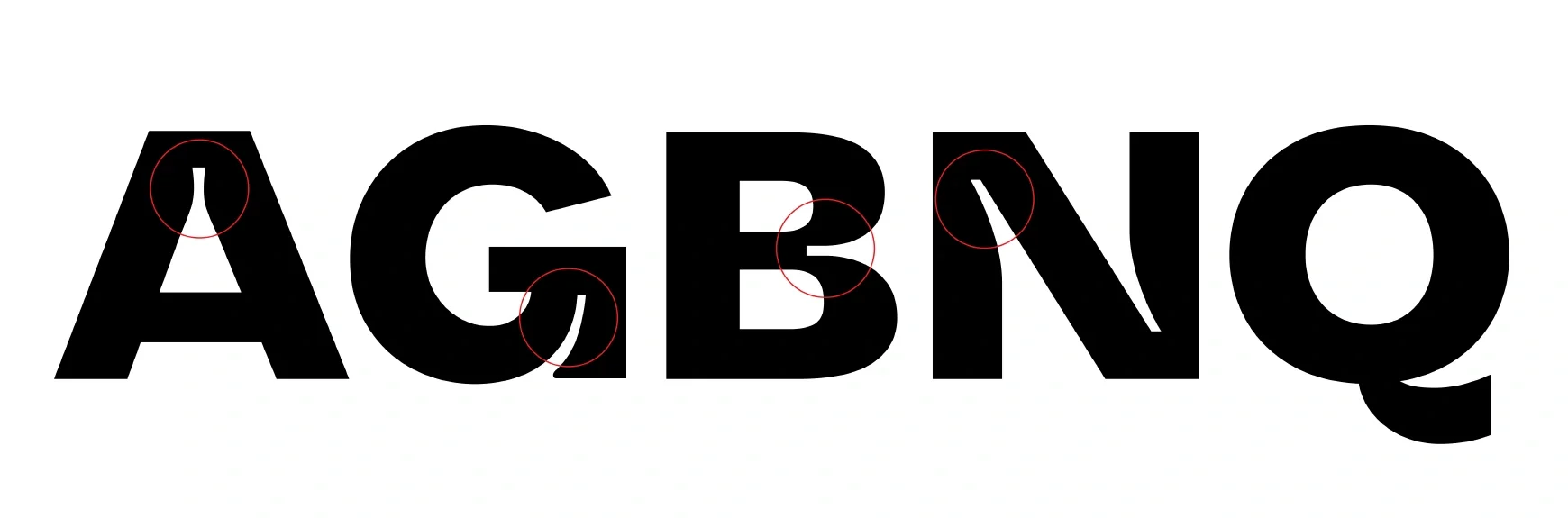 Étude des lettres A G B N Q du caractère DT Getai Grotesk Display, avec courbes et contreformes soulignées en rouge