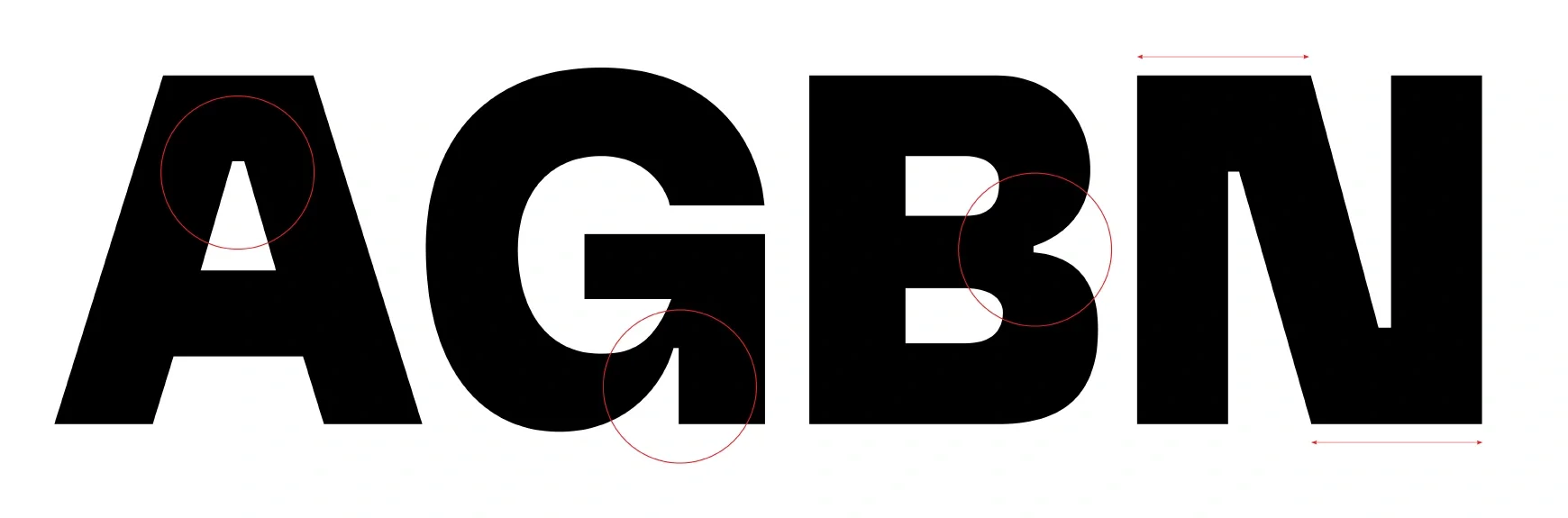 Étude des lettres A G B N du caractère Sagace Black, en noir avec annotations de construction rouges