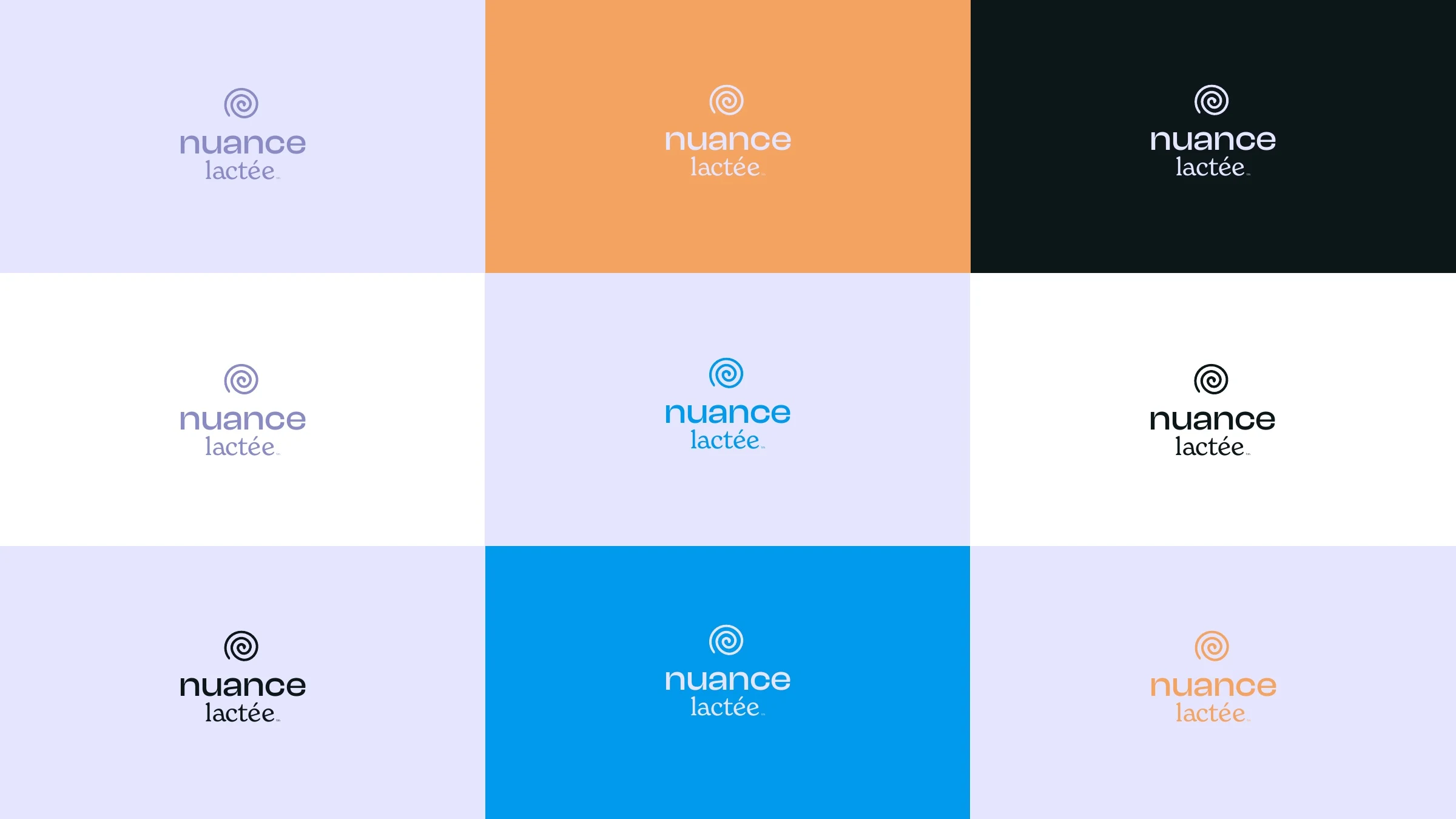 Déclinaisons du logotype Nuance Lactée dans une grille de couleurs lilas, orange, bleu, blanc et noir