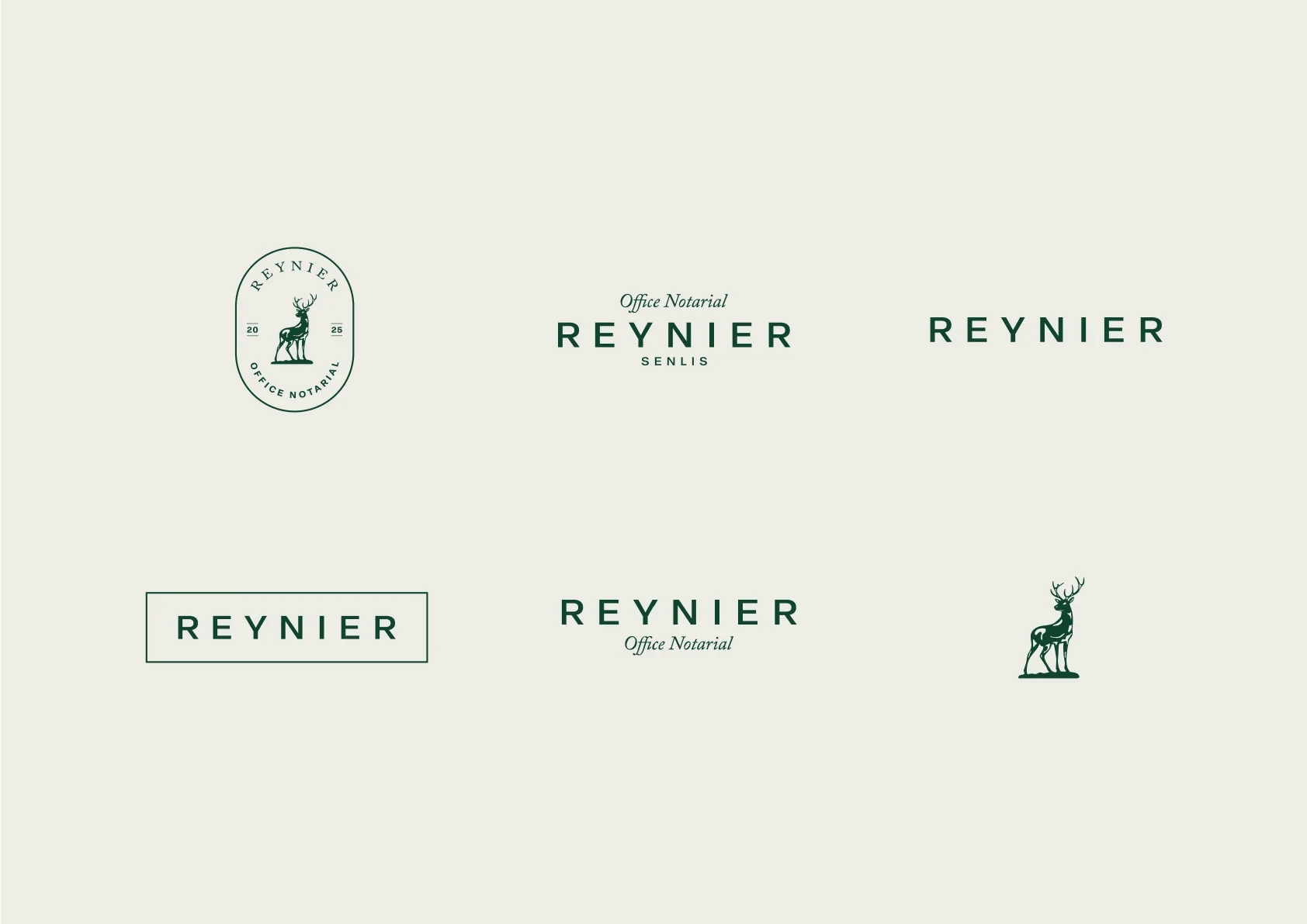 Déclinaisons du cerf et du logotype Reynier en vert forêt, ivoire et noir
