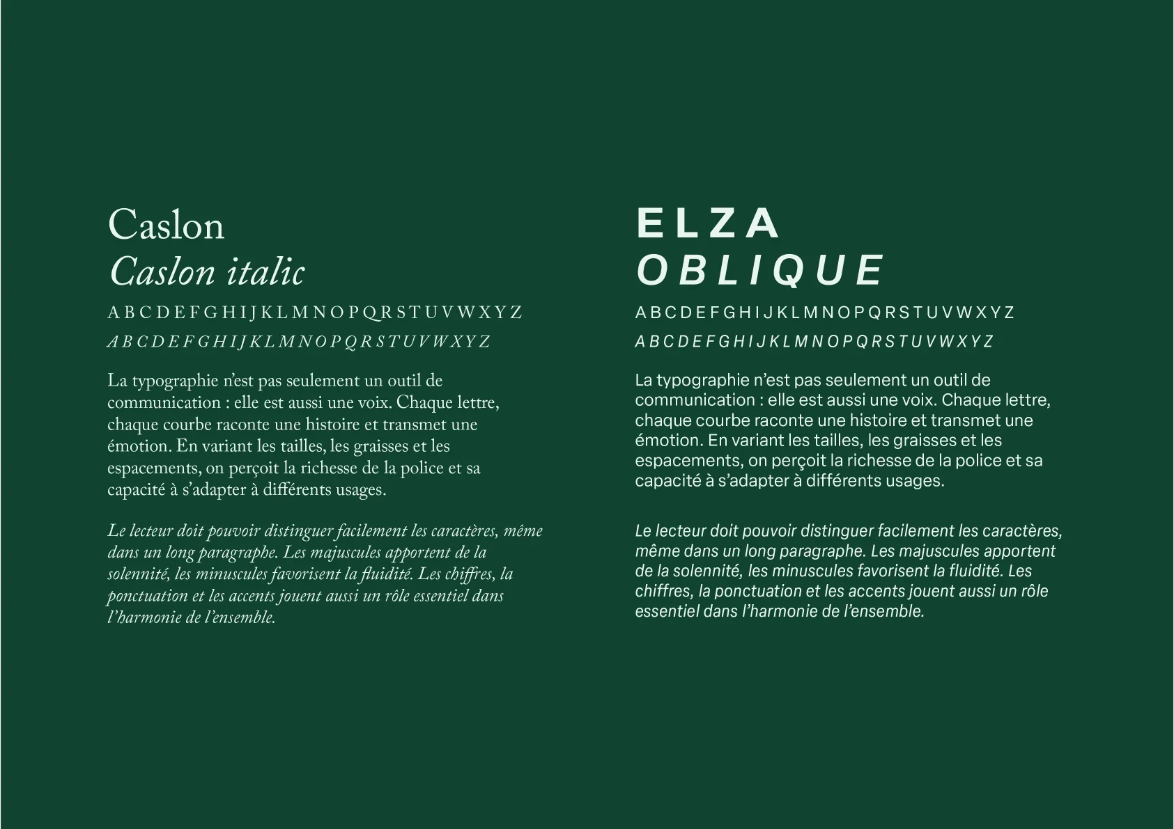 Système typographique de l’Office Notarial Reynier associant Caslon et Elza Oblique sur fond vert forêt