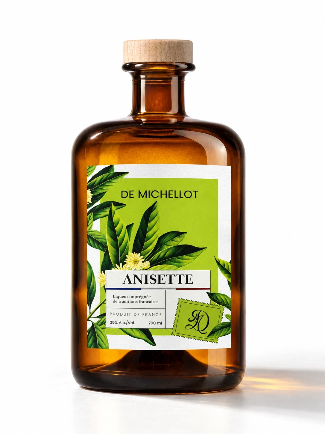 Flacon de liqueur Anisette De Michellot et son étiquette botanique vert anis