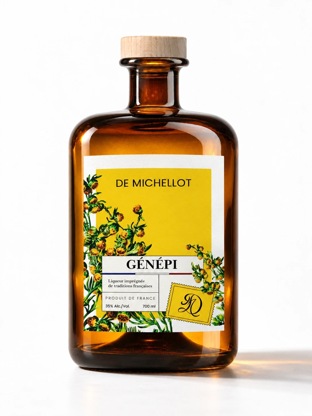 Flacon de liqueur Génépi De Michellot avec étiquette botanique jaune