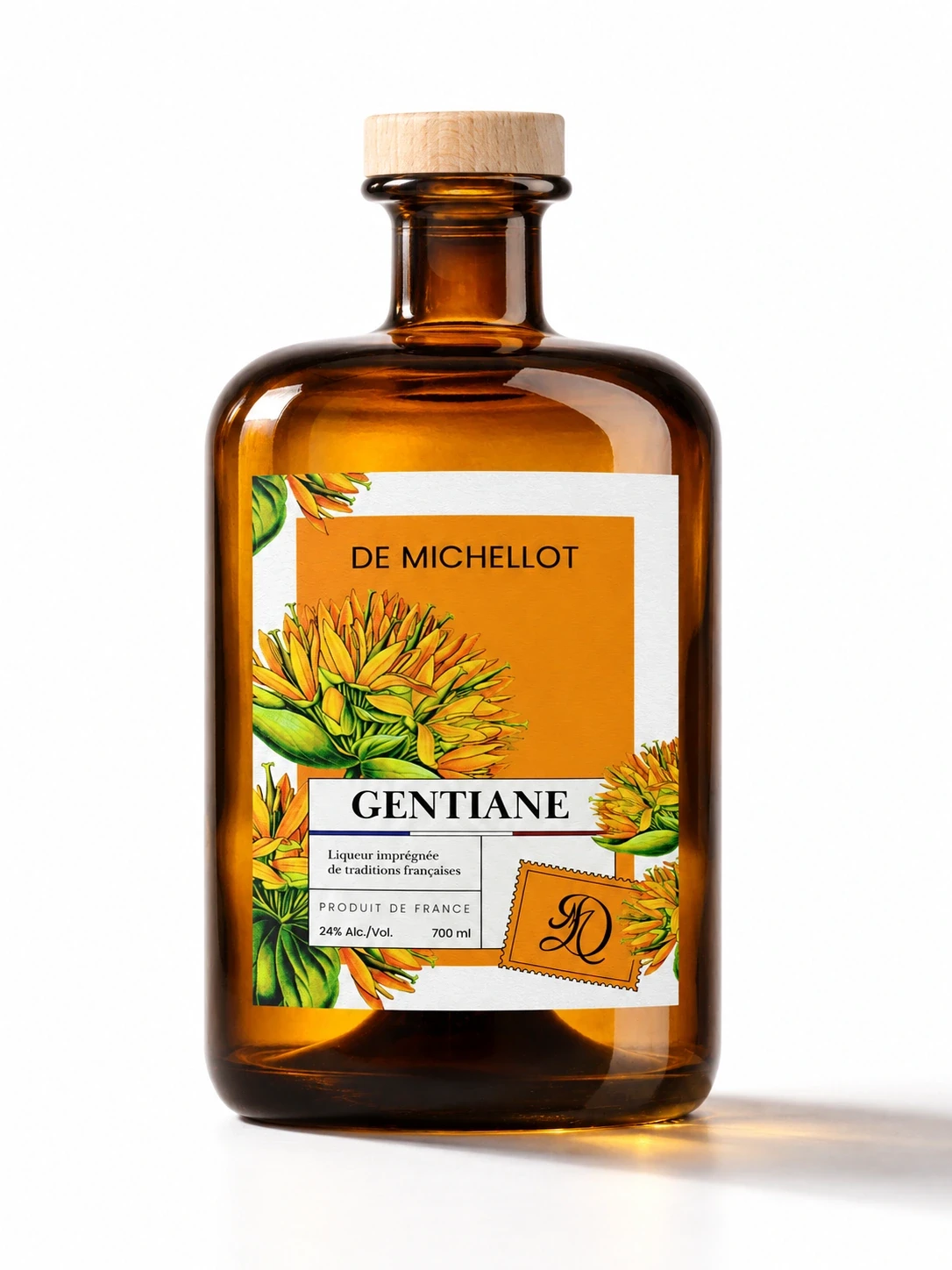 Flacon ambré de liqueur De Michellot Gentiane avec étiquette botanique orange
