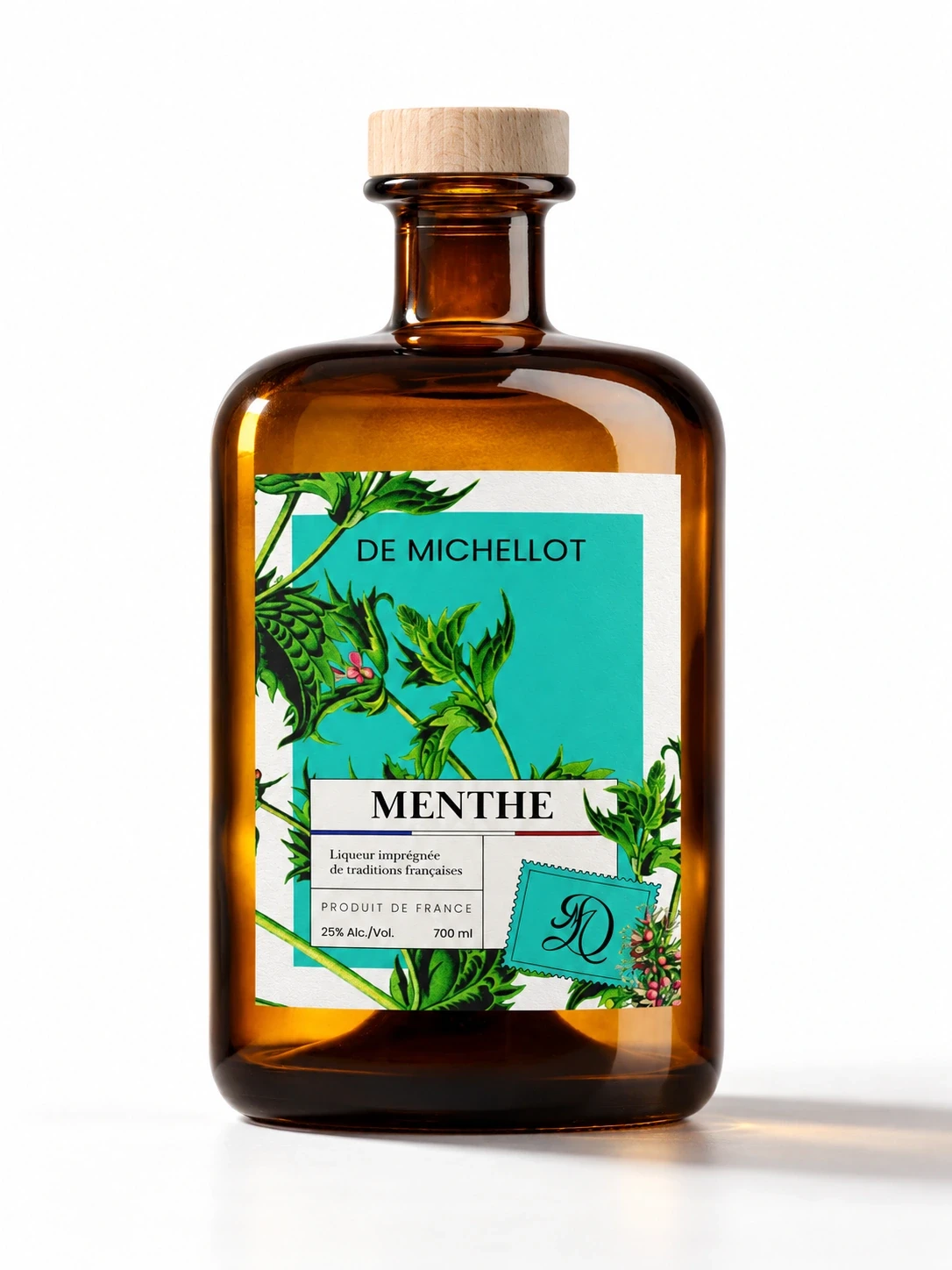 Flacon ambré de liqueur De Michellot Menthe avec étiquette botanique turquoise