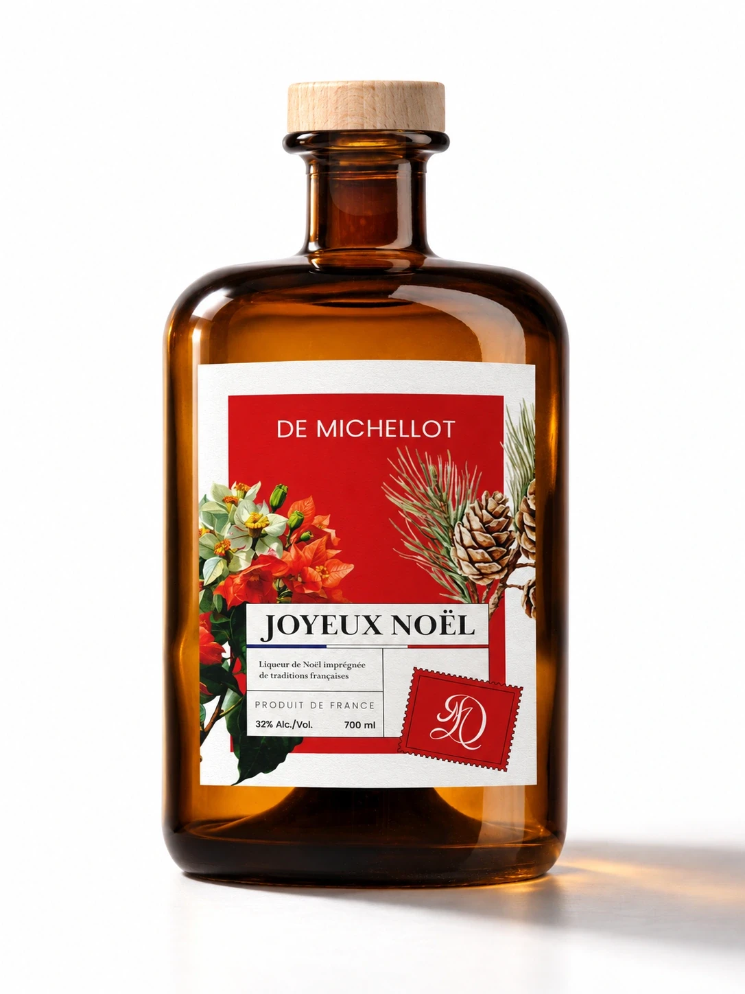 Flacon ambré de liqueur De Michellot Joyeux Noël avec étiquette rouge et illustration hivernale