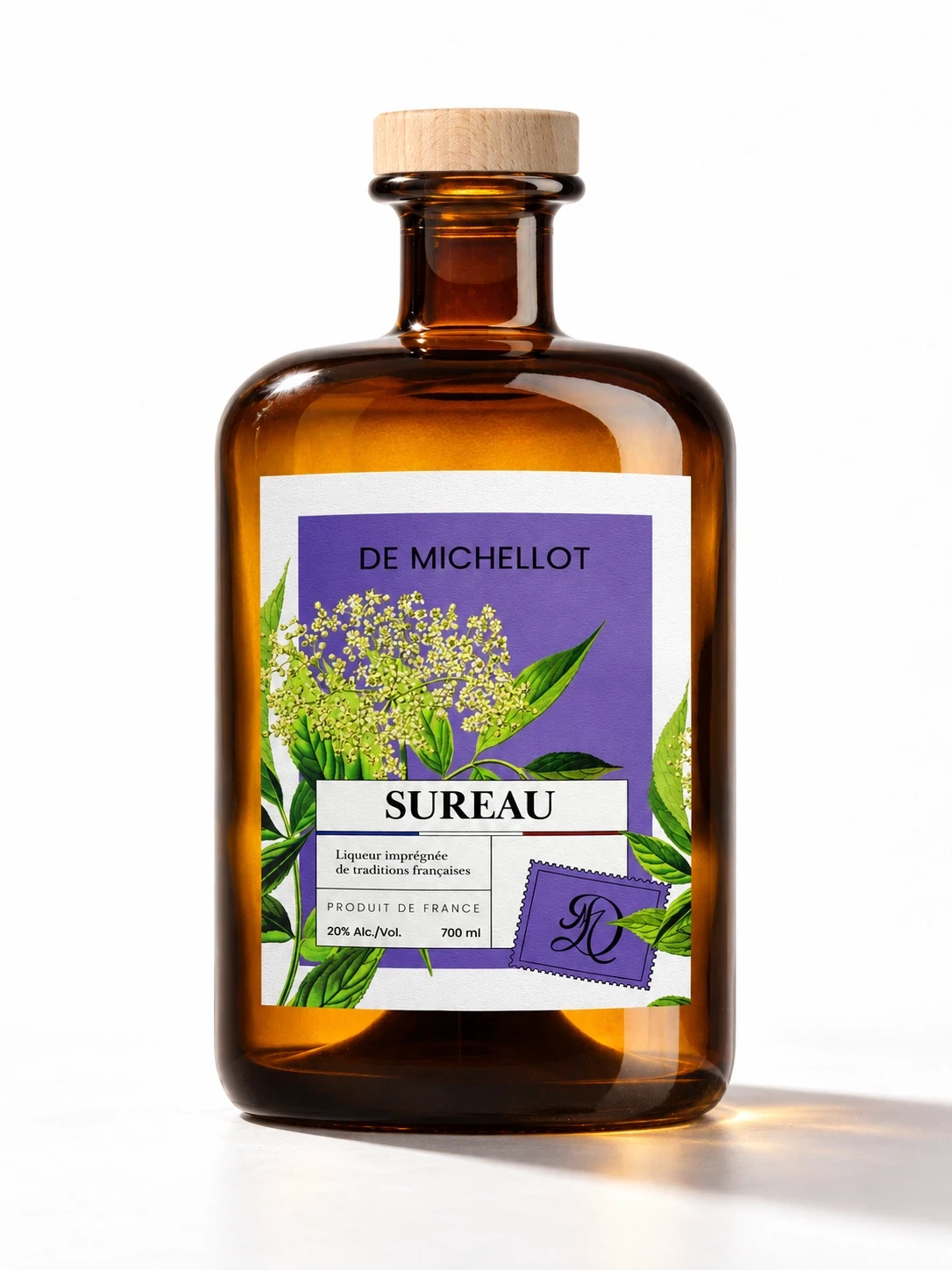 Flacon ambré de liqueur De Michellot Sureau avec étiquette botanique violette