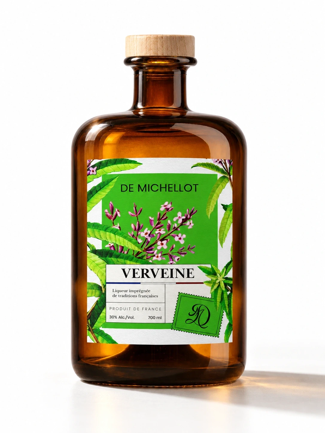 Flacon ambré de liqueur De Michellot Verveine avec étiquette botanique verte