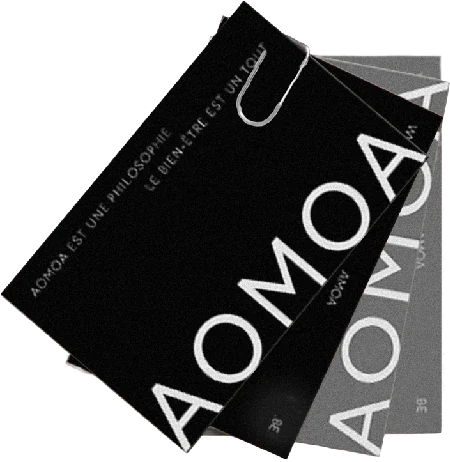 Étude de nuancier AOMOA, cartes noires et grises assemblées par un trombone avec la première signature typographique