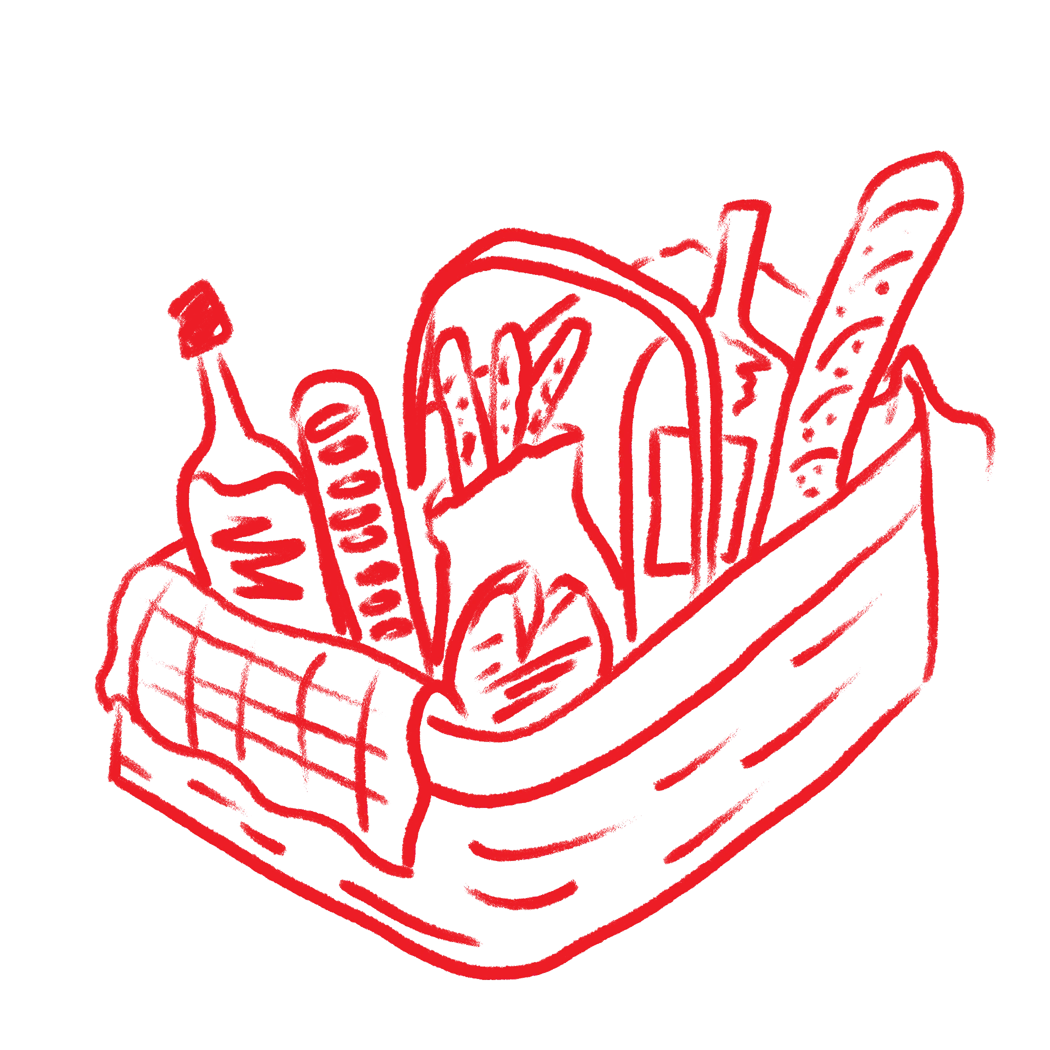 Illustration exploratoire du Grand Picnic, panier de pique-nique dessiné au trait rouge avec baguette, bouteille et provisions