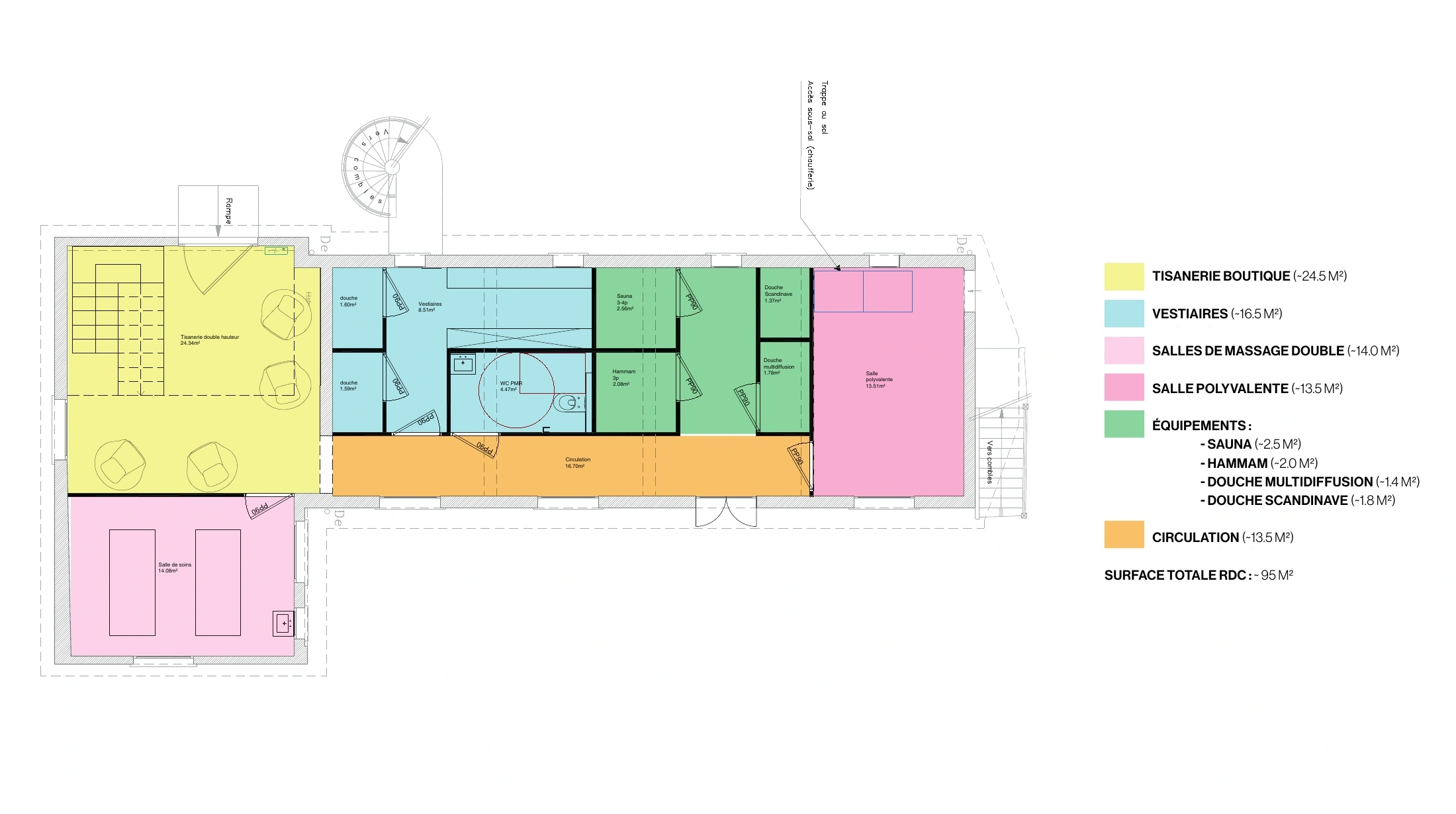 Plan du rez-de-chaussée de Cazaudehore, version 2 de mai 2025 : tisanerie, soins, vestiaires, sauna et hammam organisés dans le bâti existant