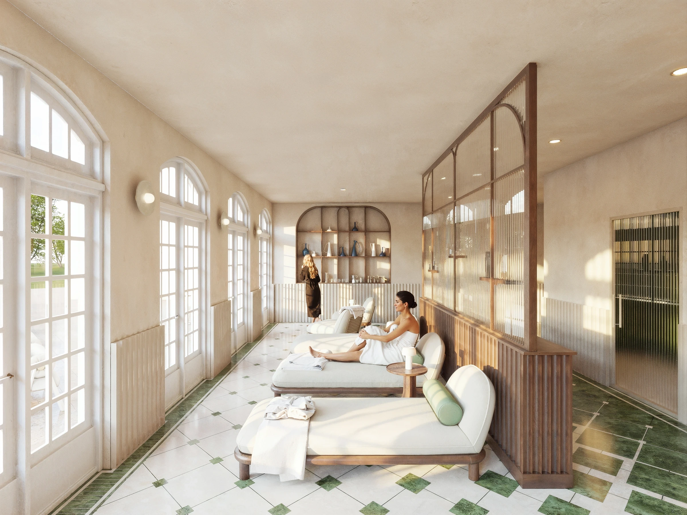 Perspective de l’espace de repos proposé pour le Château de la Tour, avec des chaises longues face aux fenêtres du parc