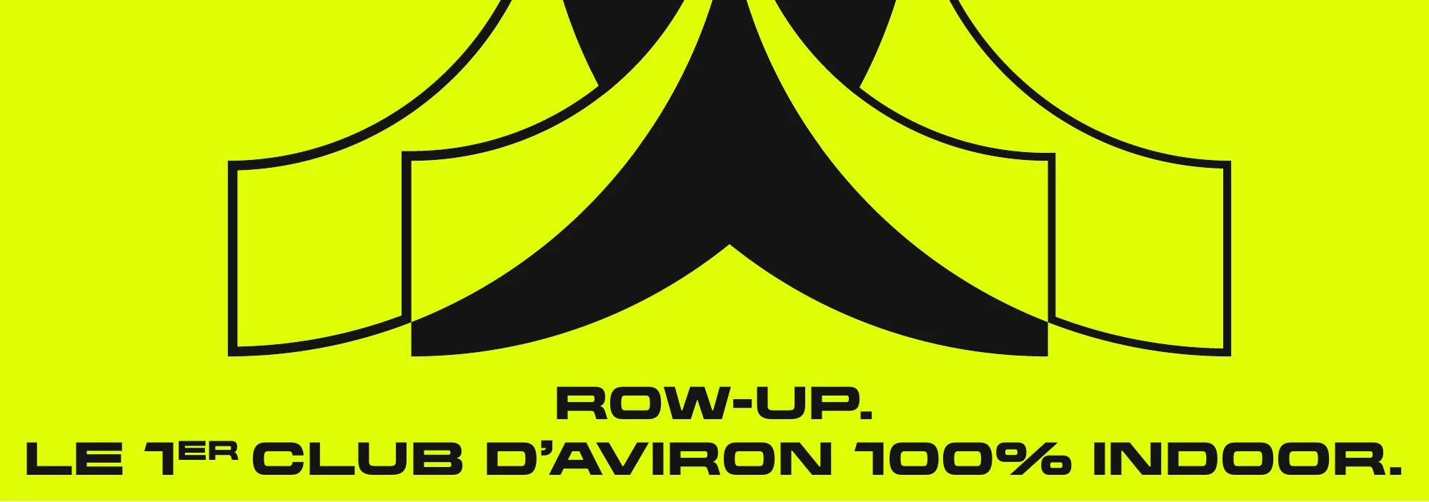 Bandeau horizontal jaune électrique Row Up avec symbole noir et signature du club d’aviron indoor