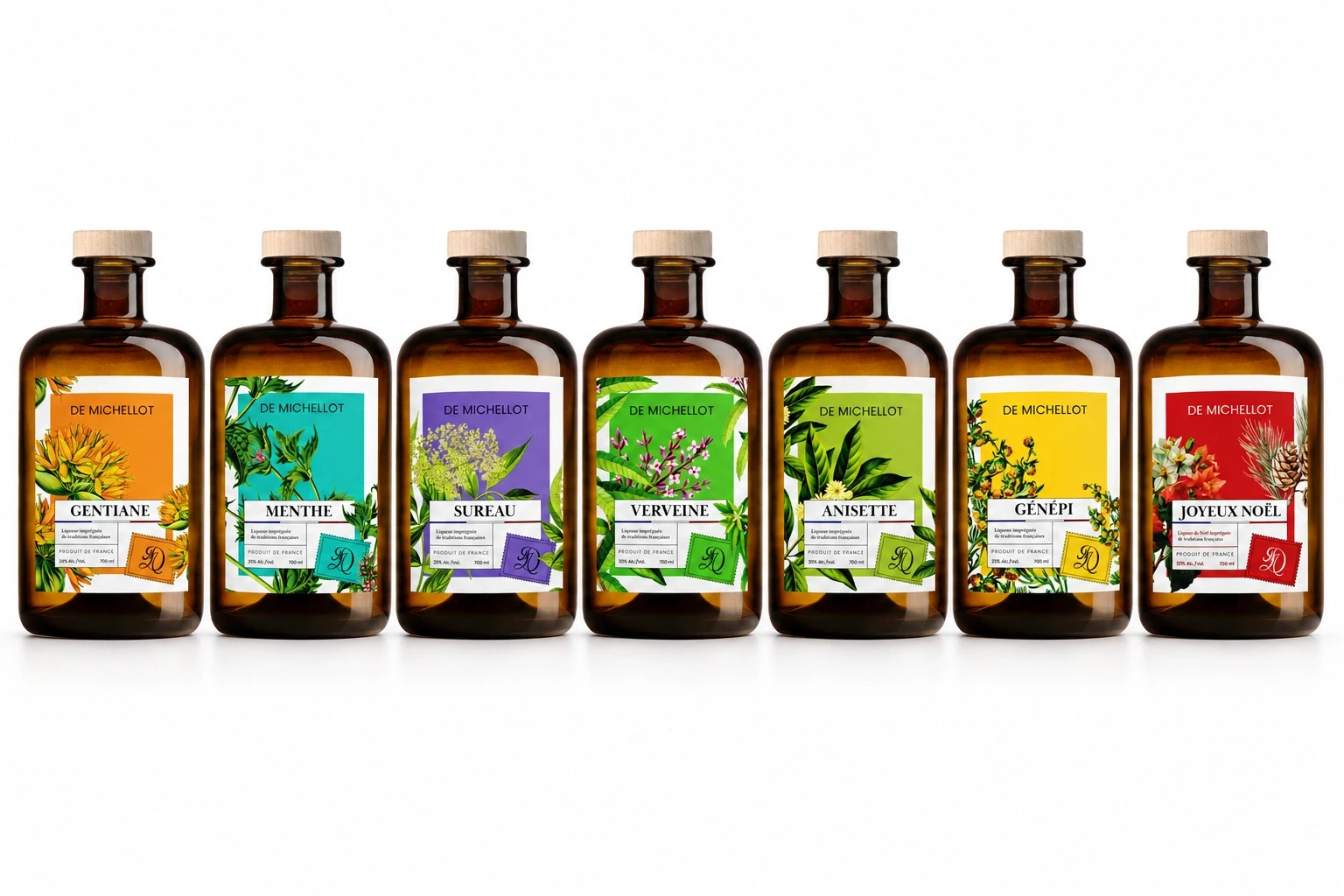 Les six liqueurs De Michellot et l’édition de Noël réunies sur fond blanc — mockup de gamme généré
