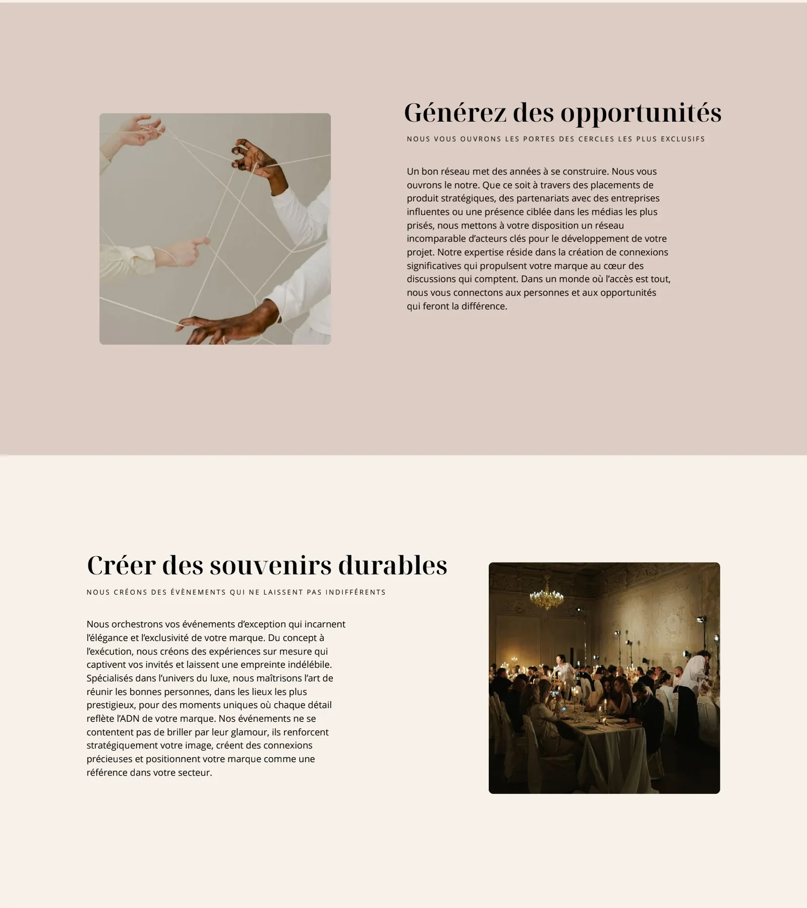 Extraits de la maquette Dosinruck Éclat consacrés aux relations et aux événements, avec des fils reliant des mains et une photographie de dîner
