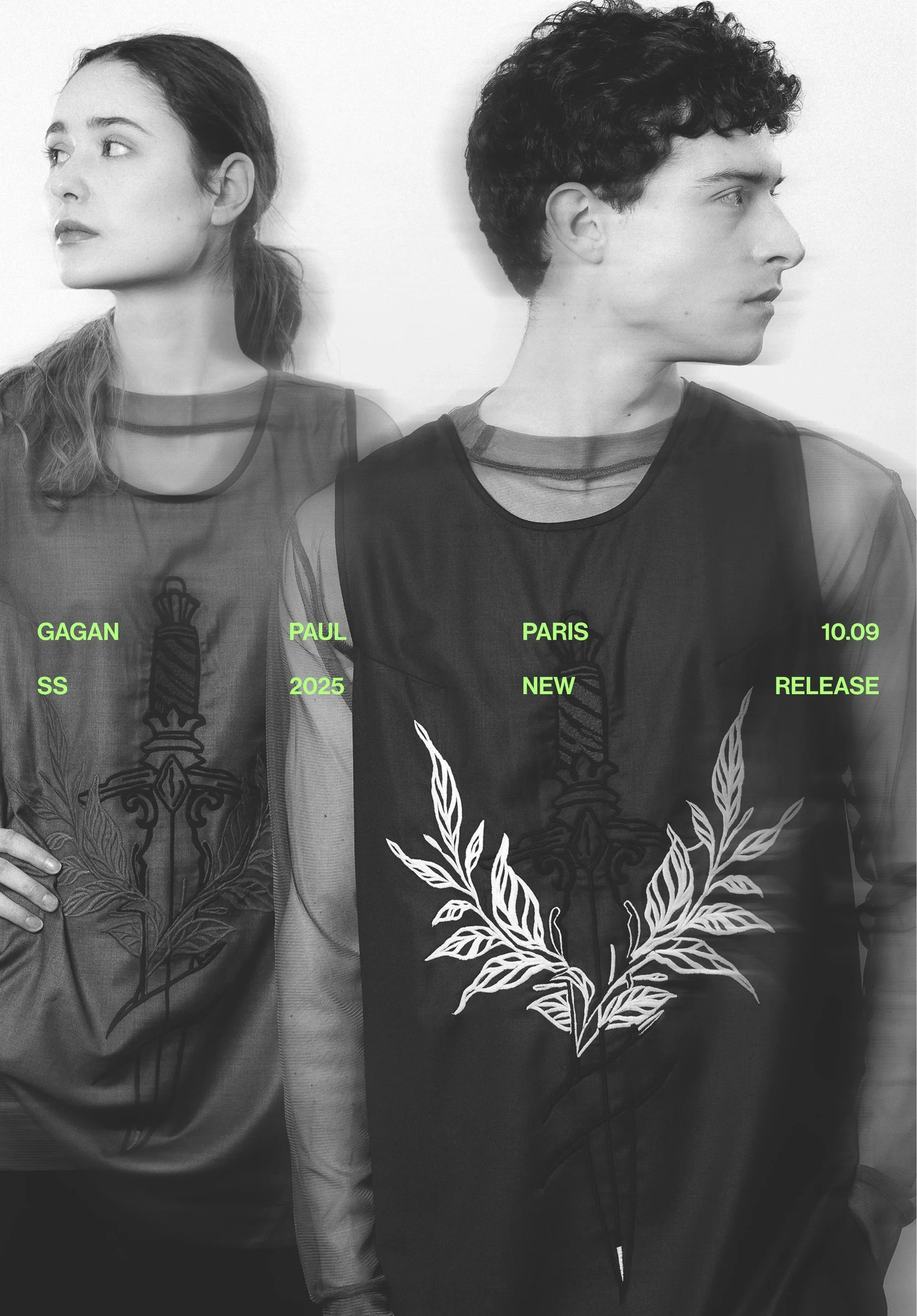 Affiche de lancement Gagan Paul en noir et blanc avec typographie vert acide et deux silhouettes brodées