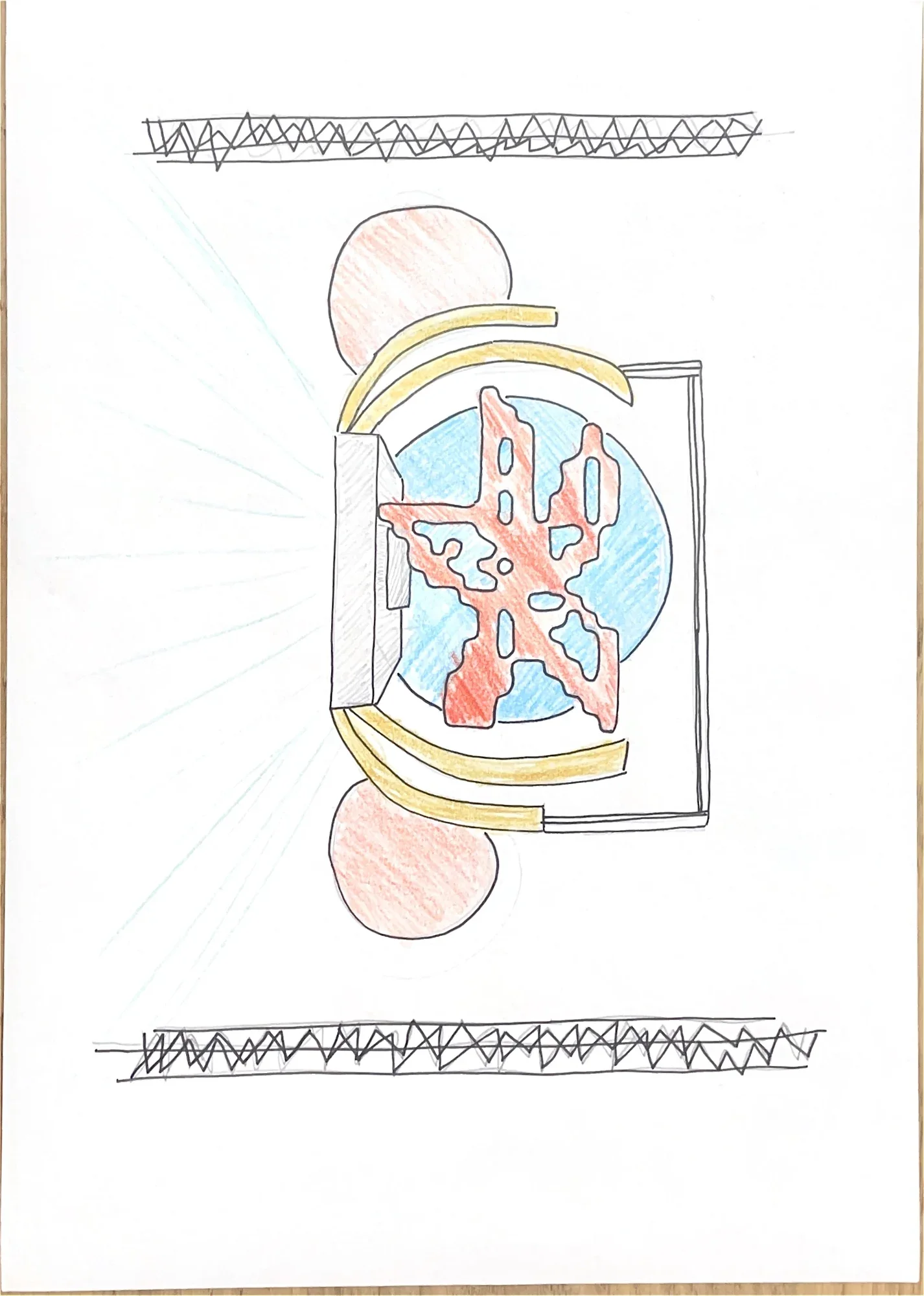 Croquis au crayon de la scène avec symbole floral, anneaux et structure technique