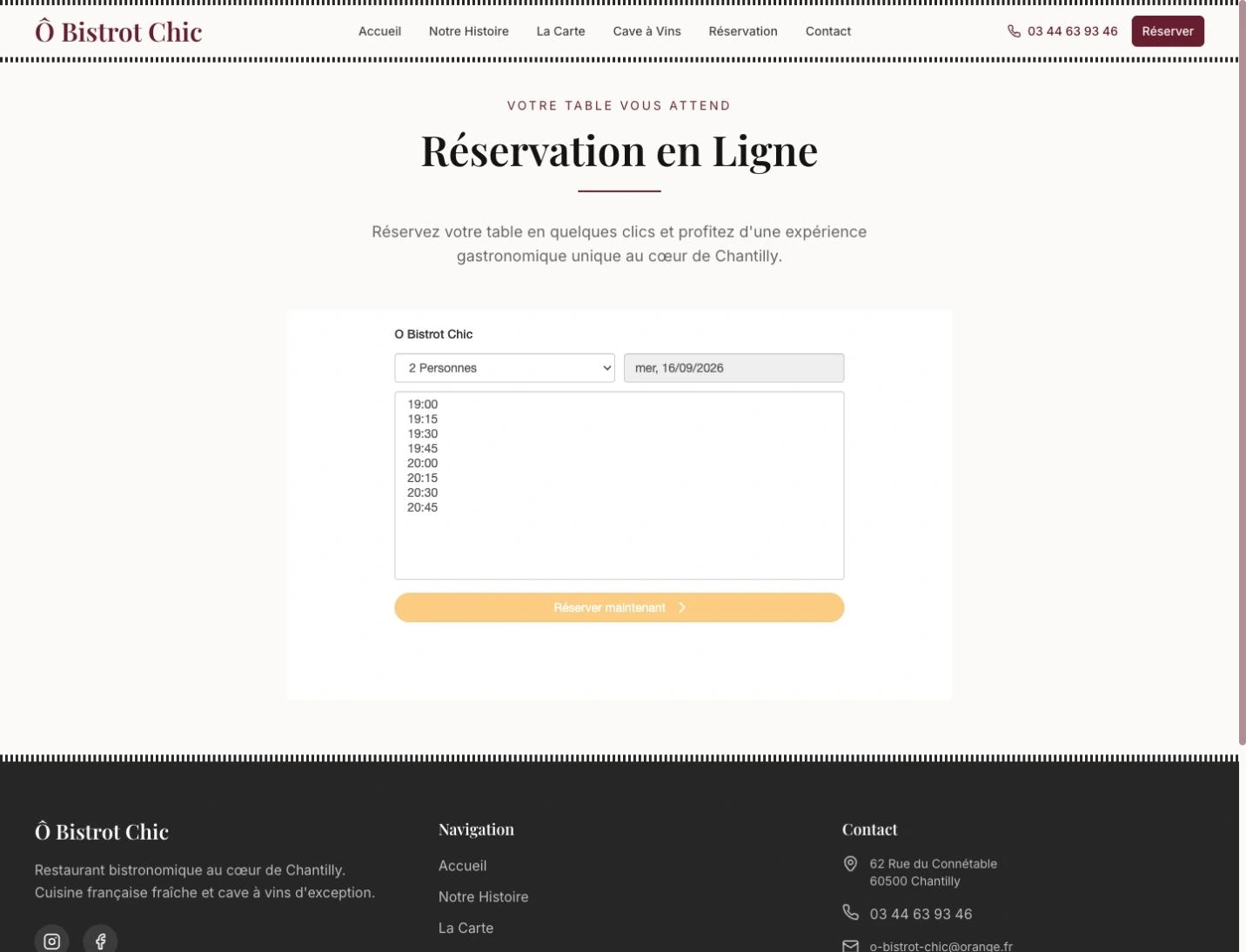 La page de réservation d’Ô Bistrot Chic et son module DISH sur ordinateur