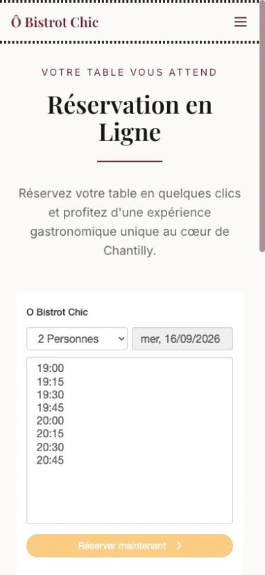 Le parcours de réservation mobile d’Ô Bistrot Chic avec le module DISH