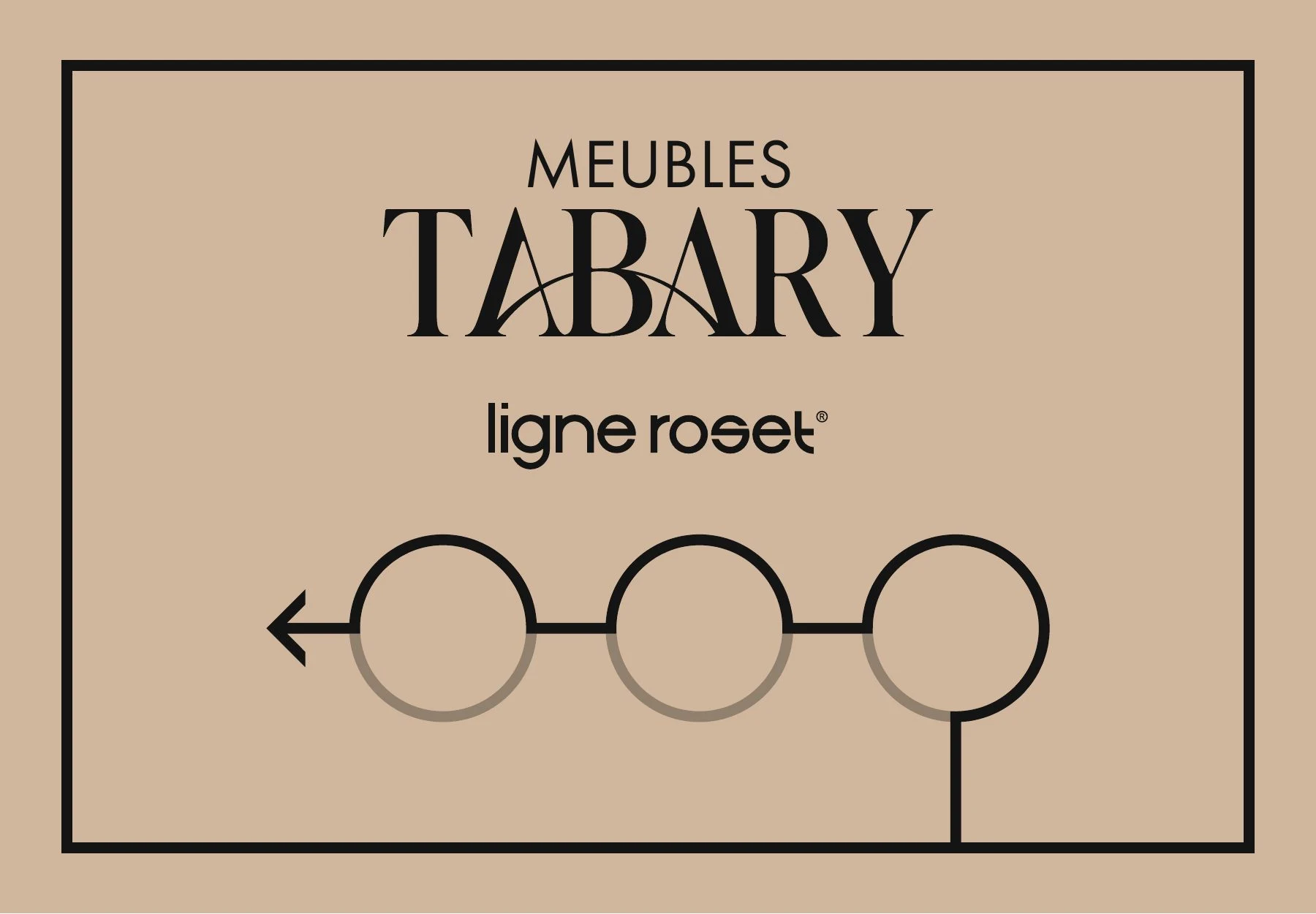 Composition Meubles Tabary et Ligne Roset accompagnée d’un schéma linéaire sur fond sable