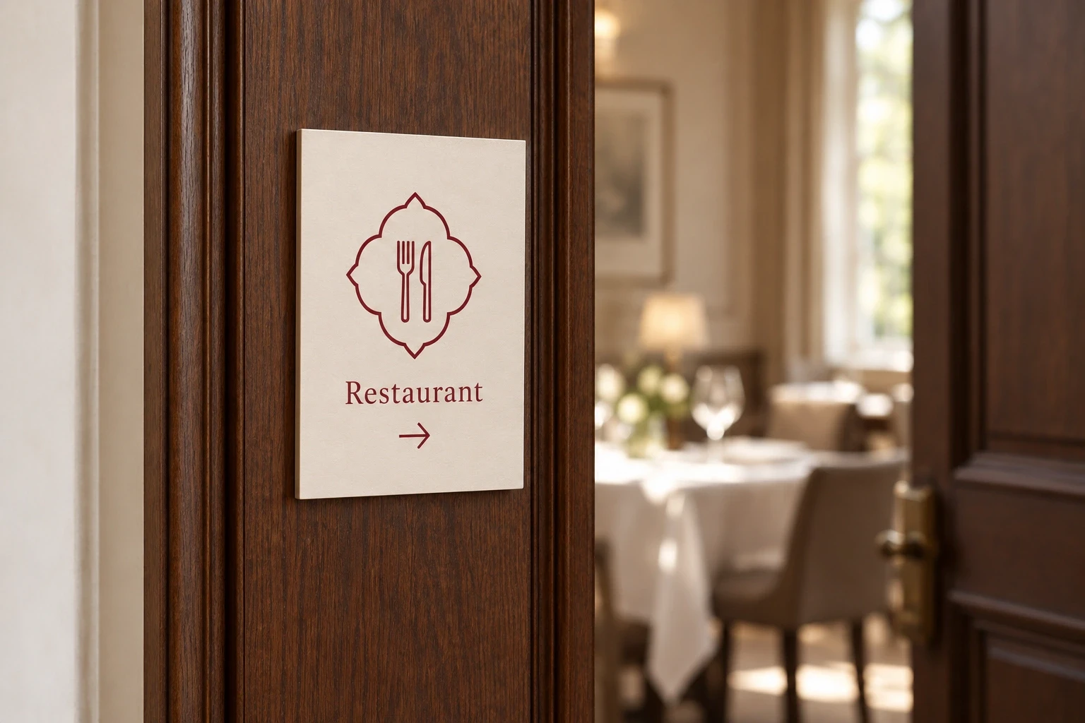 Mise en situation conceptuelle générée d’une petite signalétique de restaurant dans un hôtel utilisant les signes du Château de la Tour
