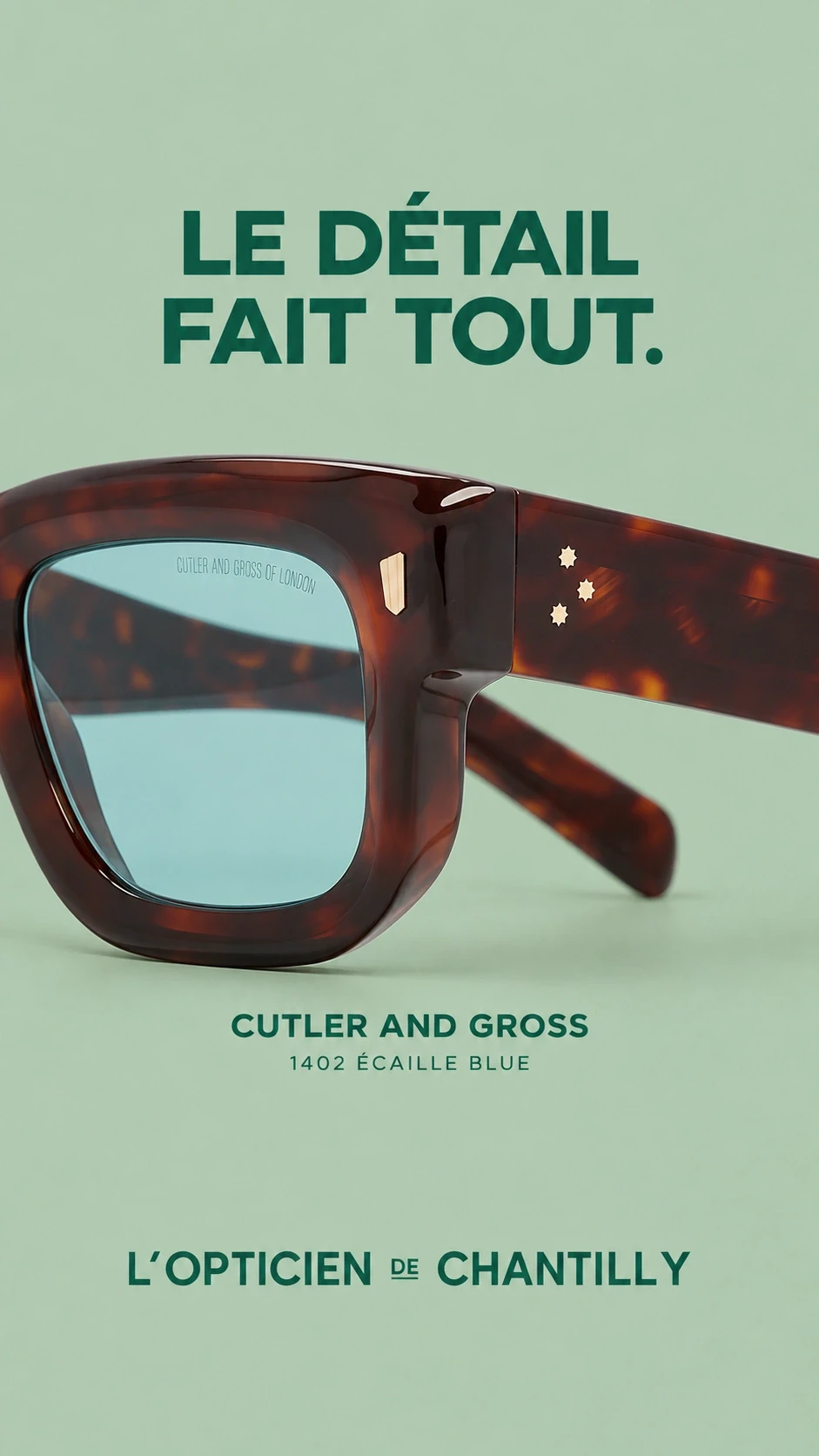 Proposition de story Cutler and Gross 1402, Le détail fait tout, avec une macro de la monture écaille