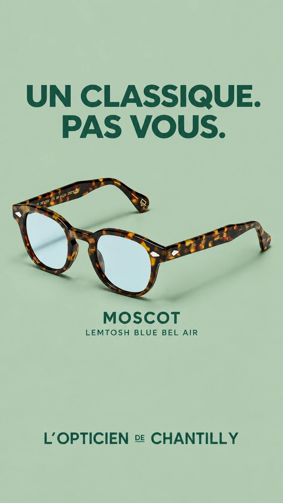Proposition de story Moscot Lemtosh, Un classique, pas vous, avec une monture écaille et des verres bleus