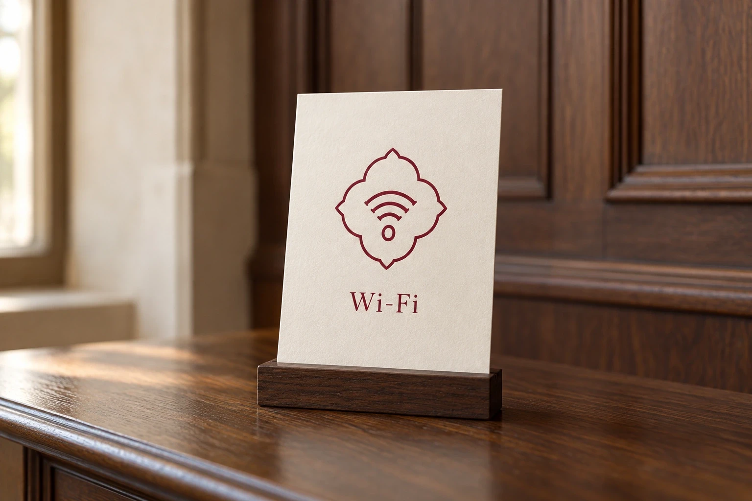 Mise en situation conceptuelle générée d’un repère Wi-Fi à l’identité du Château de la Tour dans un espace hôtelier
