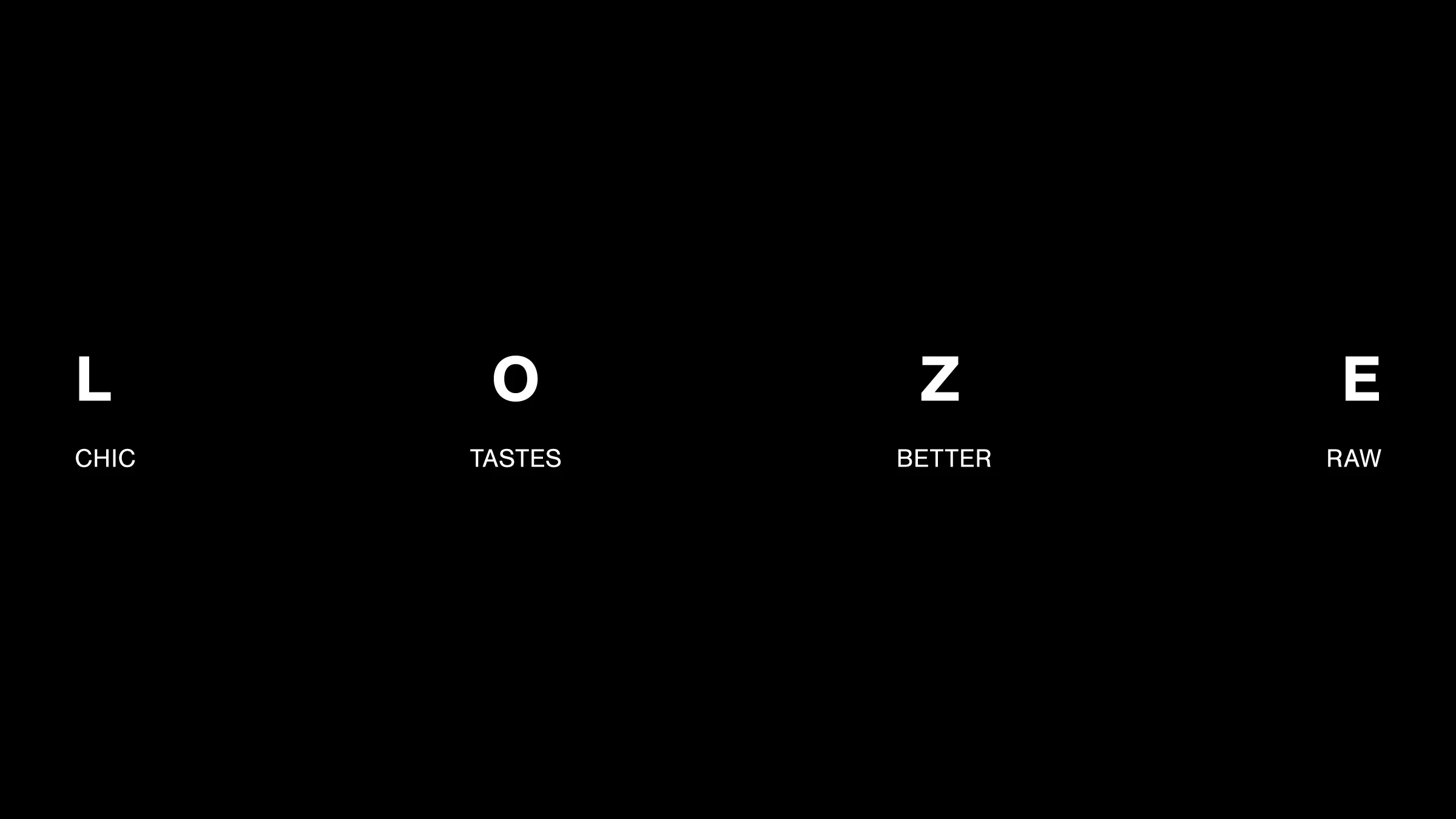 Système typographique LOZE déployant les mots Chic, Tastes, Better et Raw sur un grand champ noir